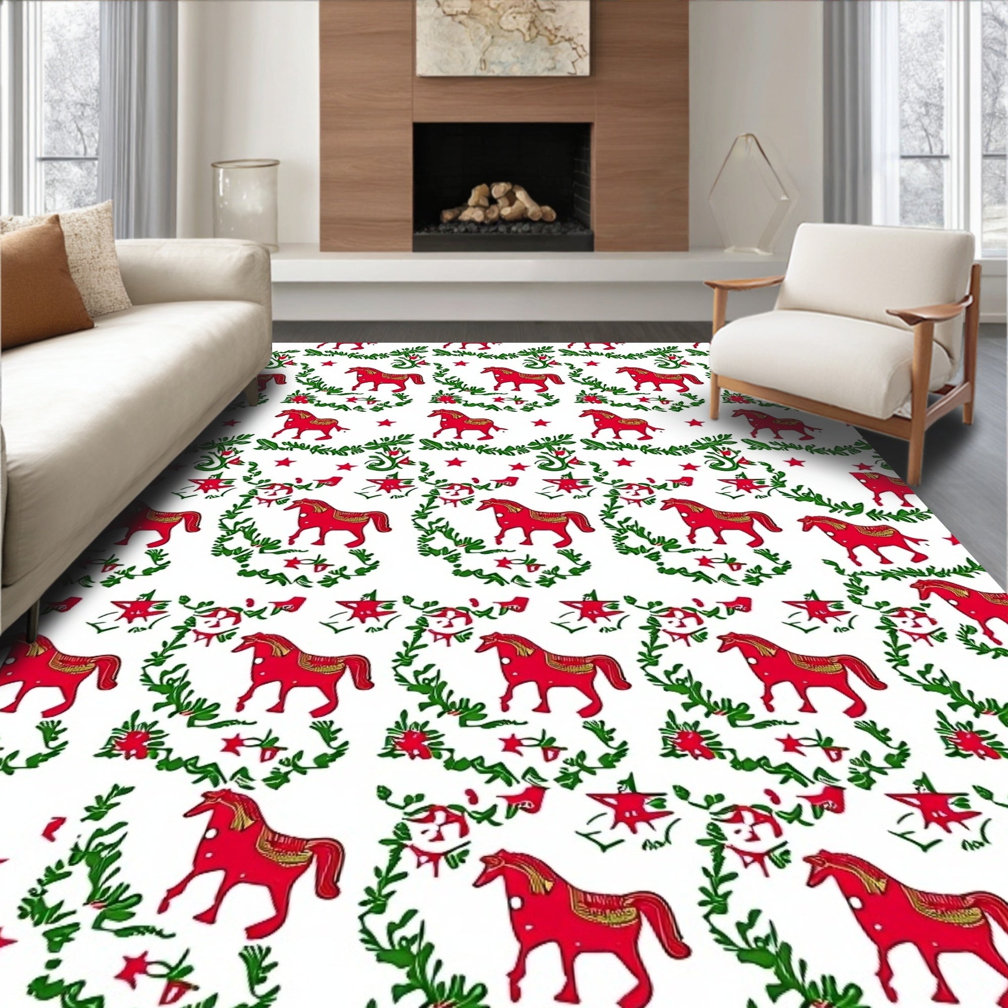Festive Red Horse Garland Motif Rug