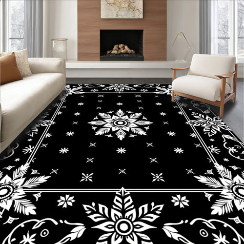 Black White Floral Medallion Border Rug