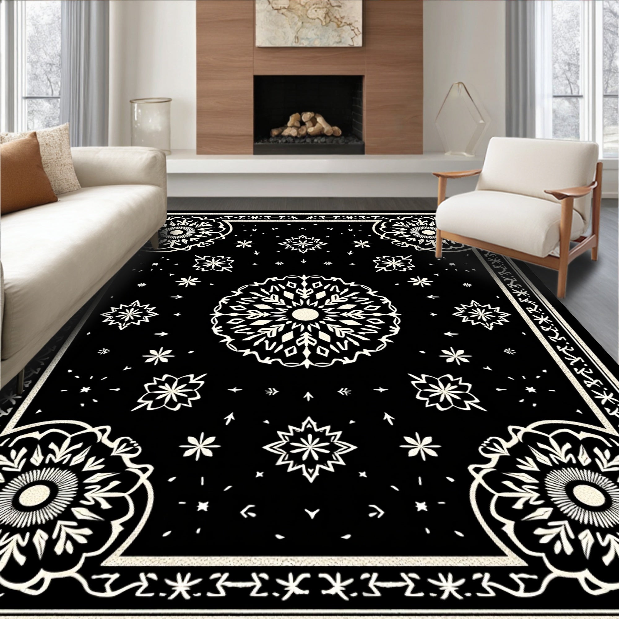 Black Ivory Central Mandala Ornament Rug