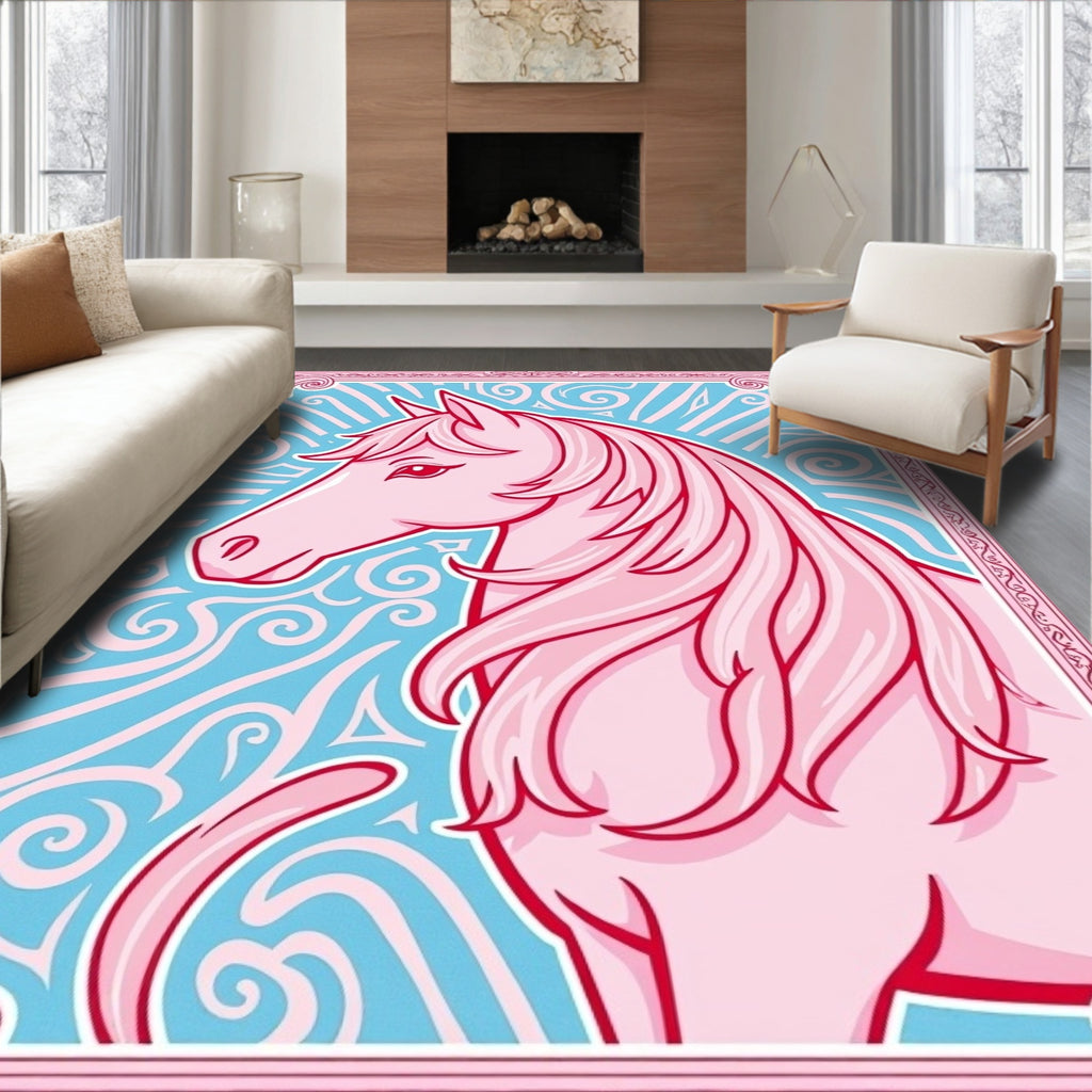 Pink Horse Blue Swirl Border Rug