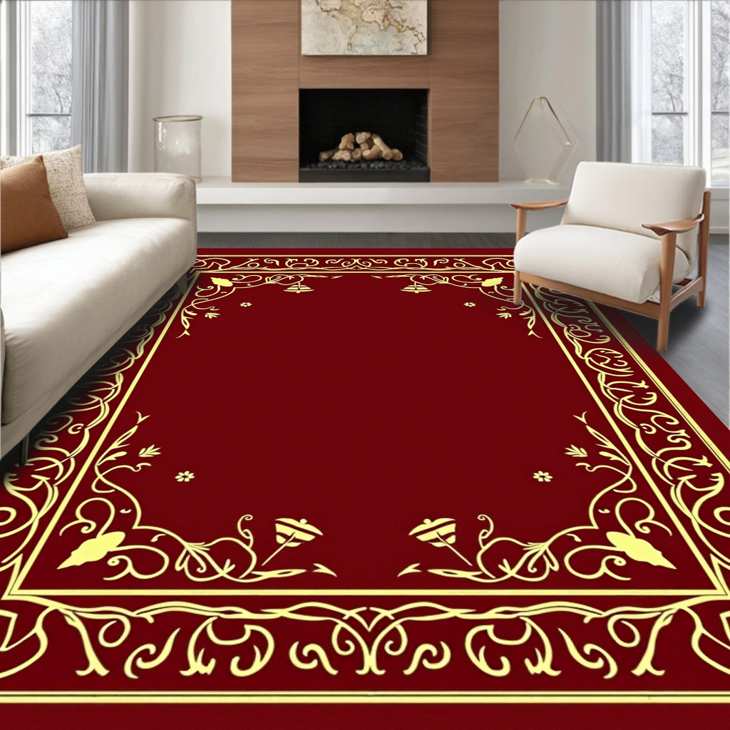 Deep Red Luxury Floral Swirl Border Rug