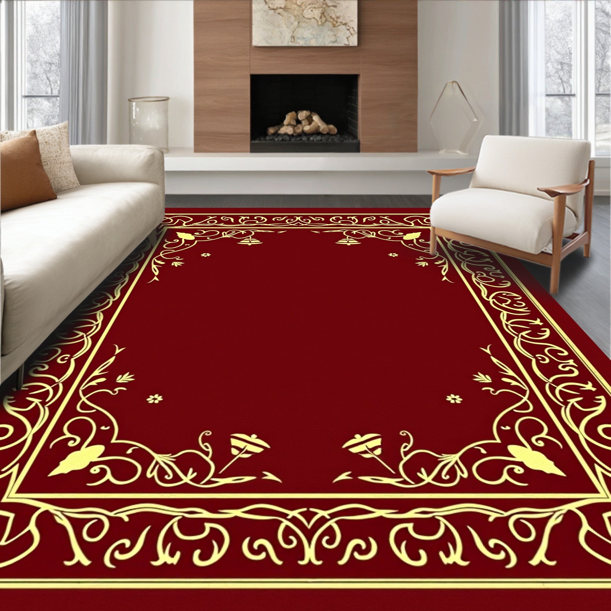 Deep Red Luxury Floral Swirl Border Rug