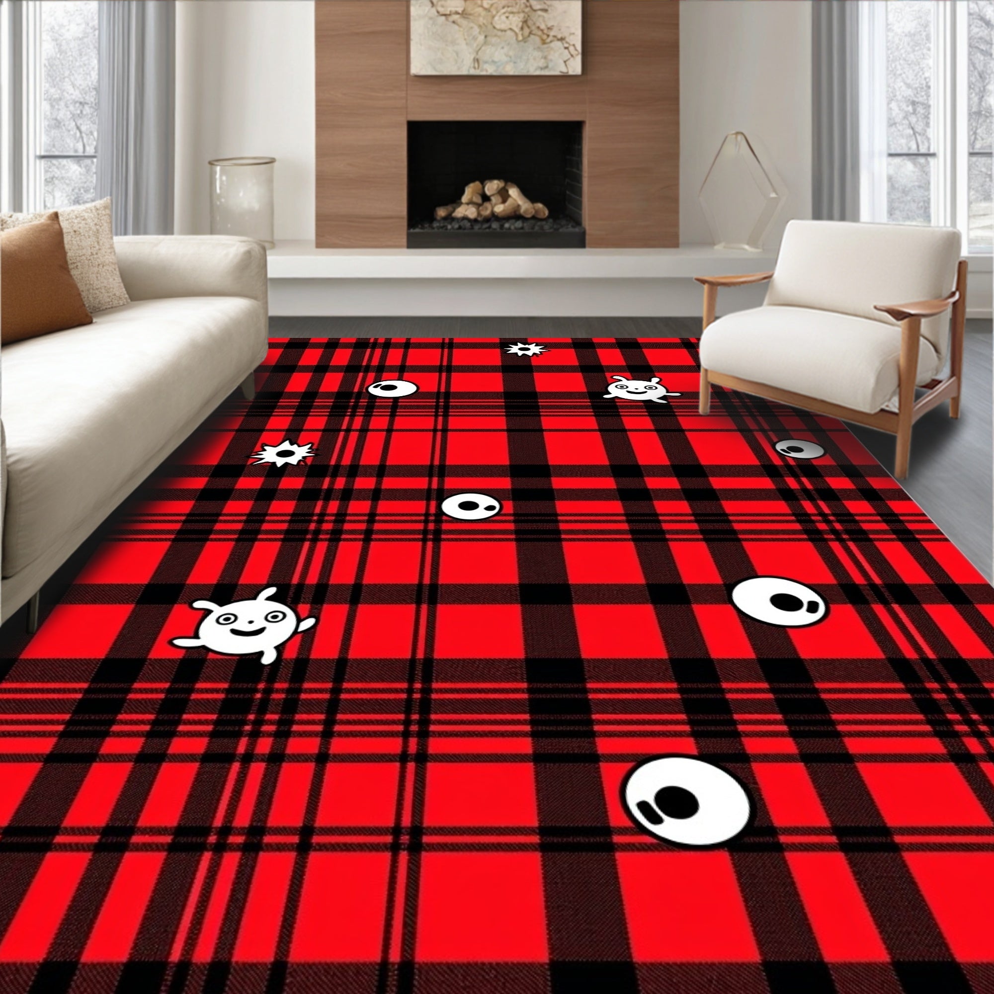 Red Black Plaid Whimsical Creatures Rug