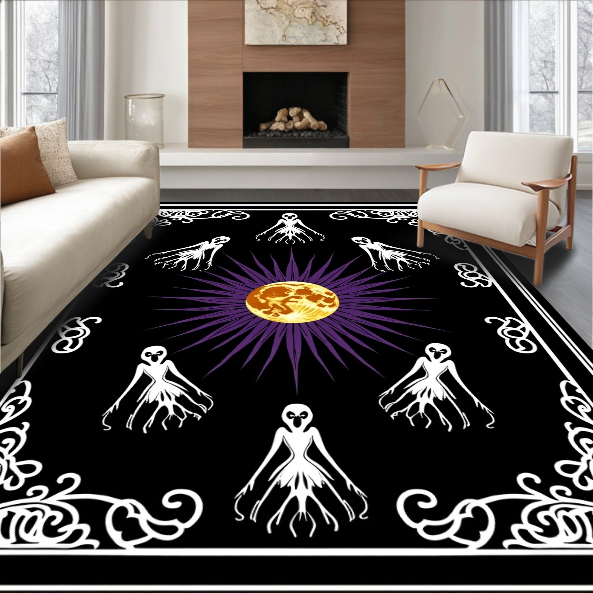 Mystical Moon Black White Creatures Rug