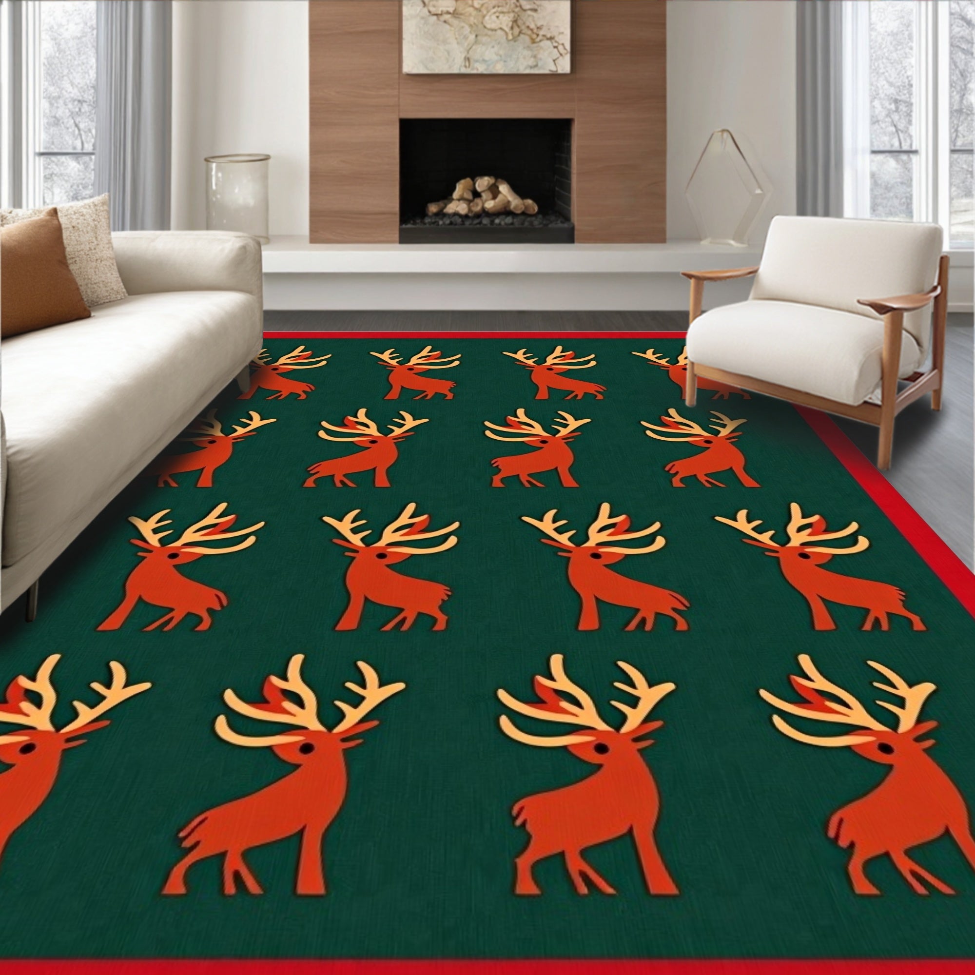 Deep Green Reindeer Holiday Scatter Rug