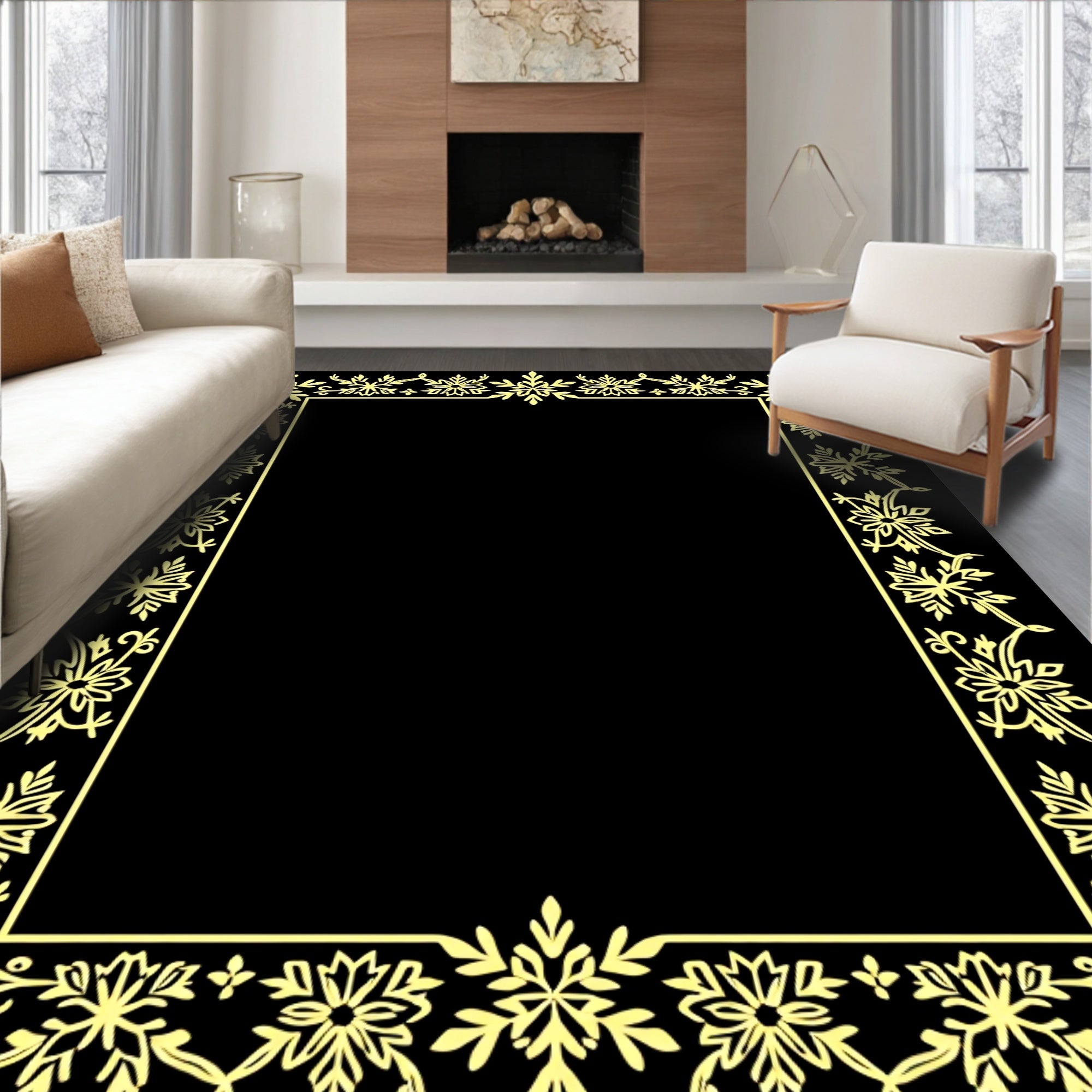 Golden Floral Vines Border Rug