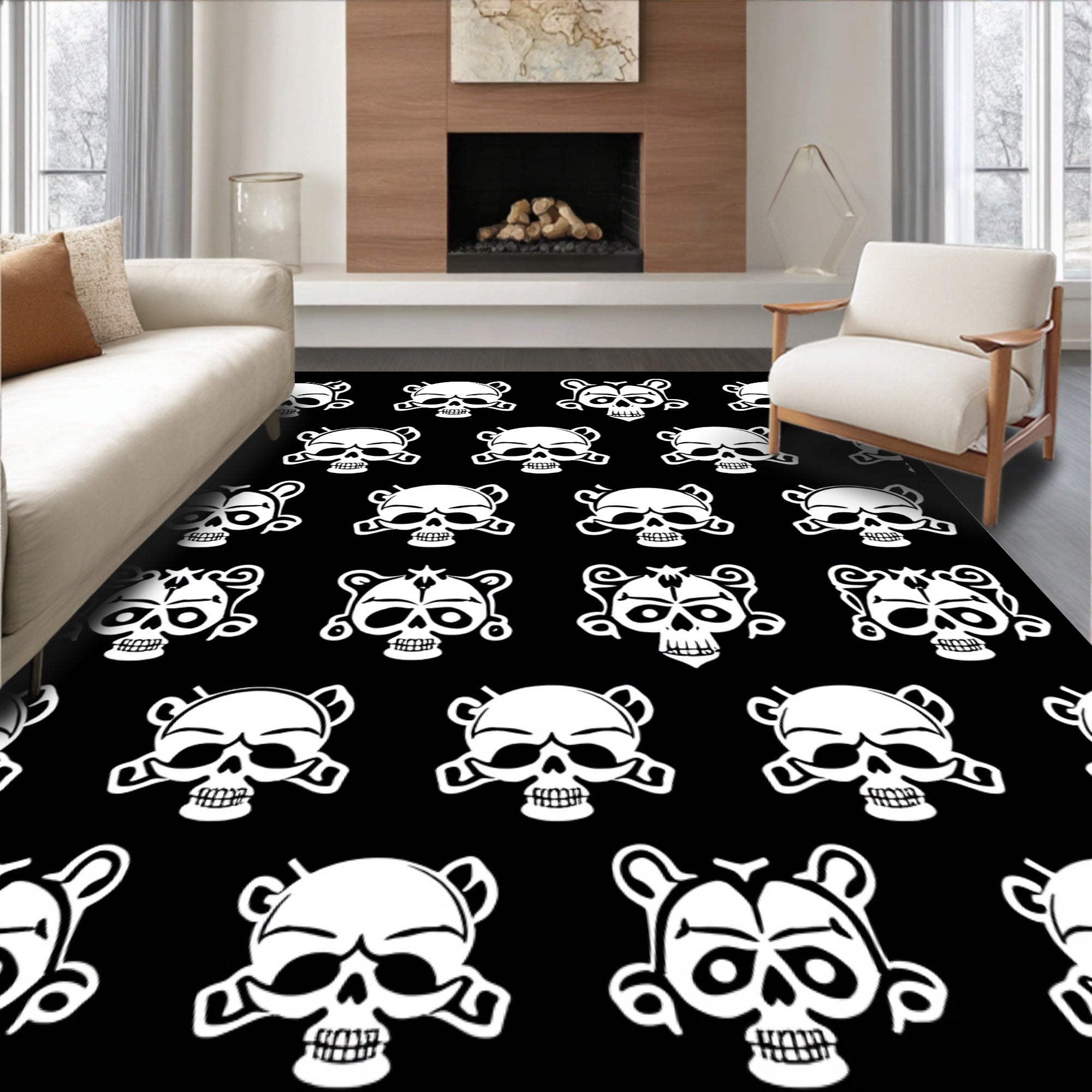 White Skulls Black Background Repeat Rug