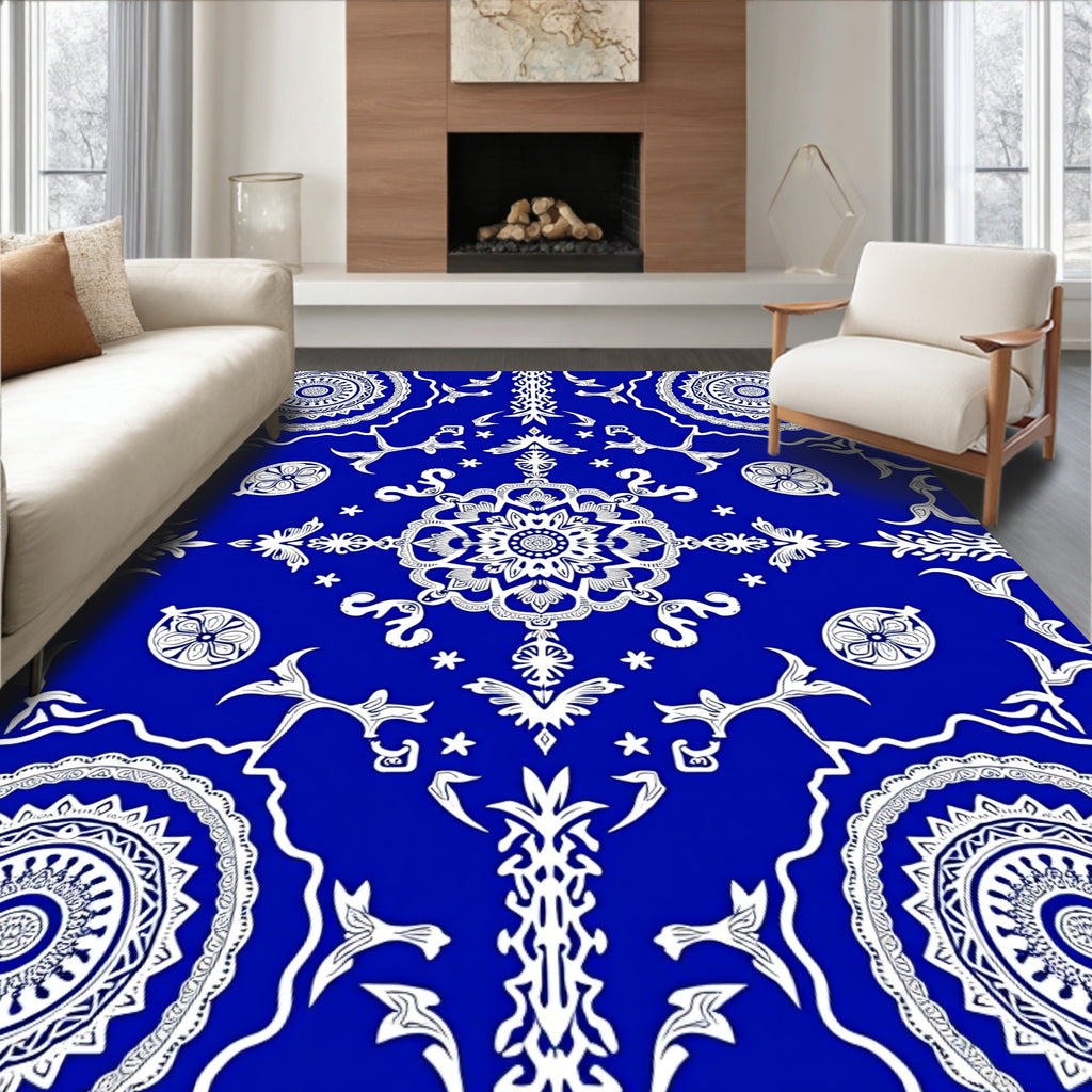 Vibrant Cobalt Mandala Scroll Rug