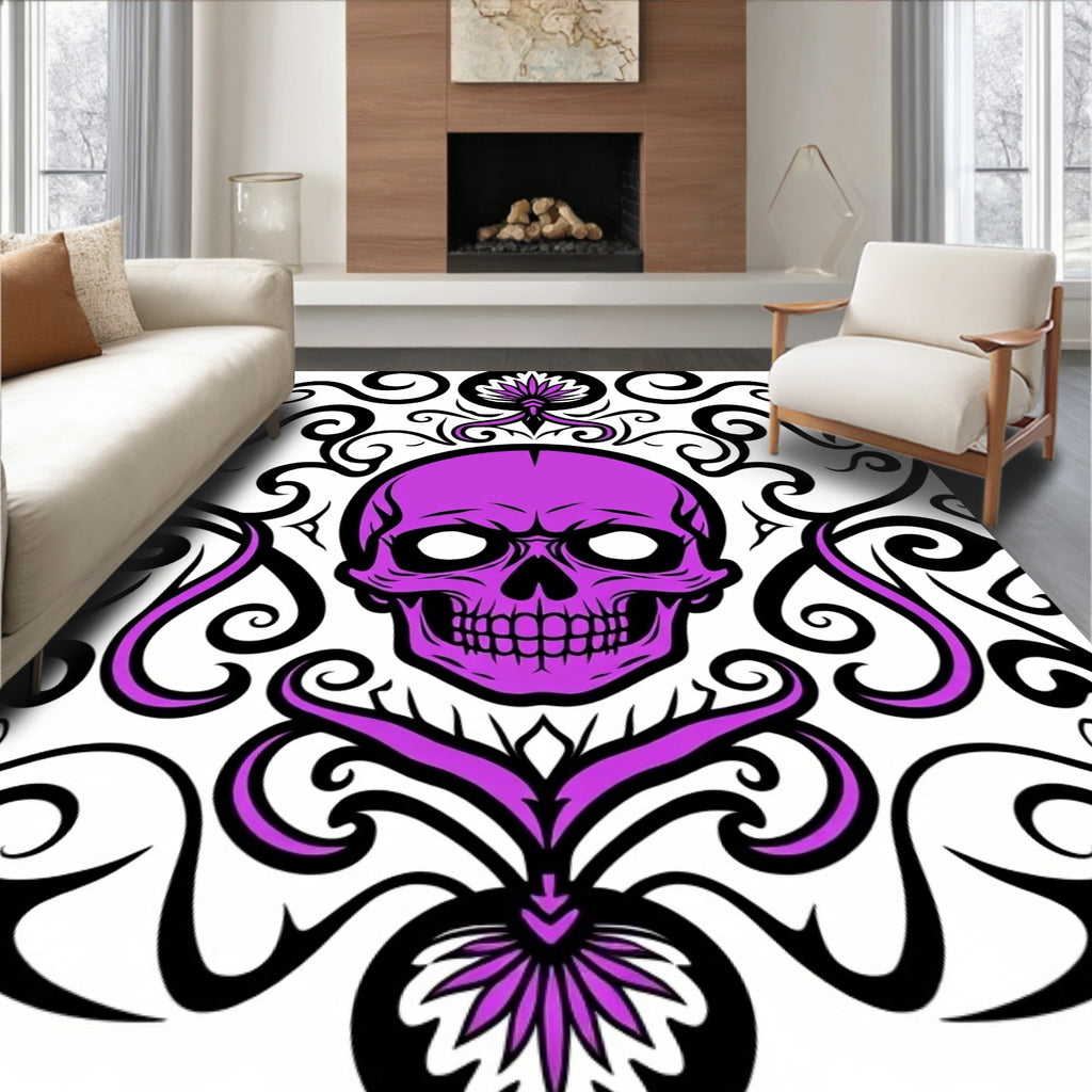 Vivid Purple Skull Floral Swirl Accent Rug