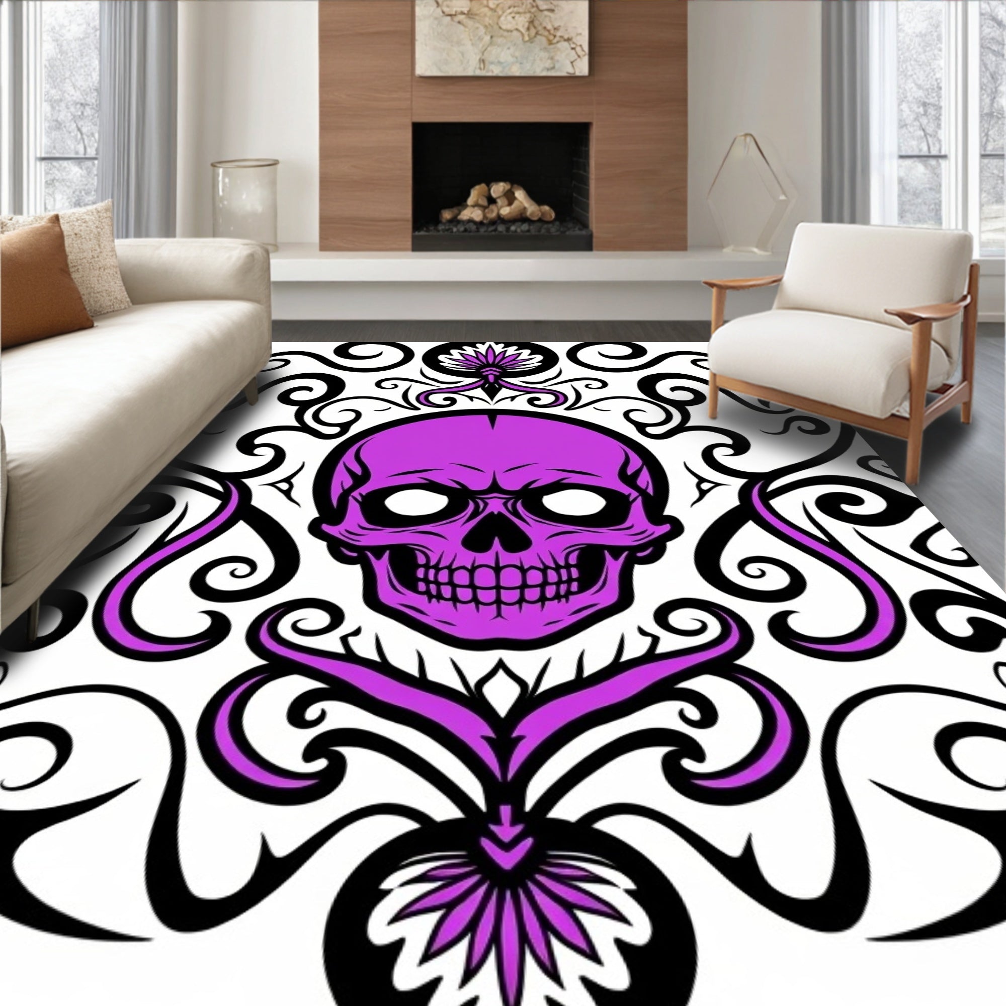 Vivid Purple Skull Floral Swirl Accent Rug