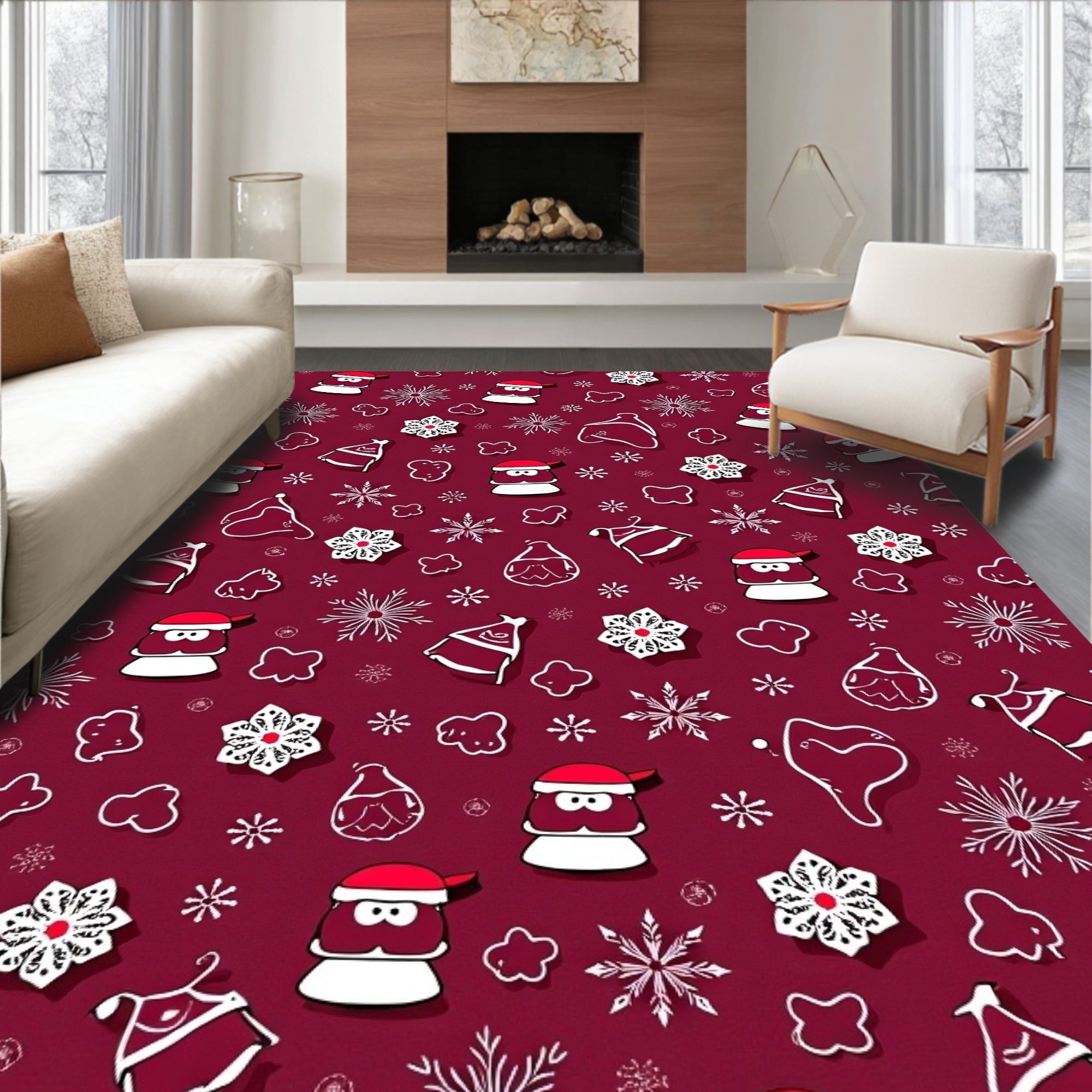 Crimson Whimsical Santa Snowflakes Clouds Rug
