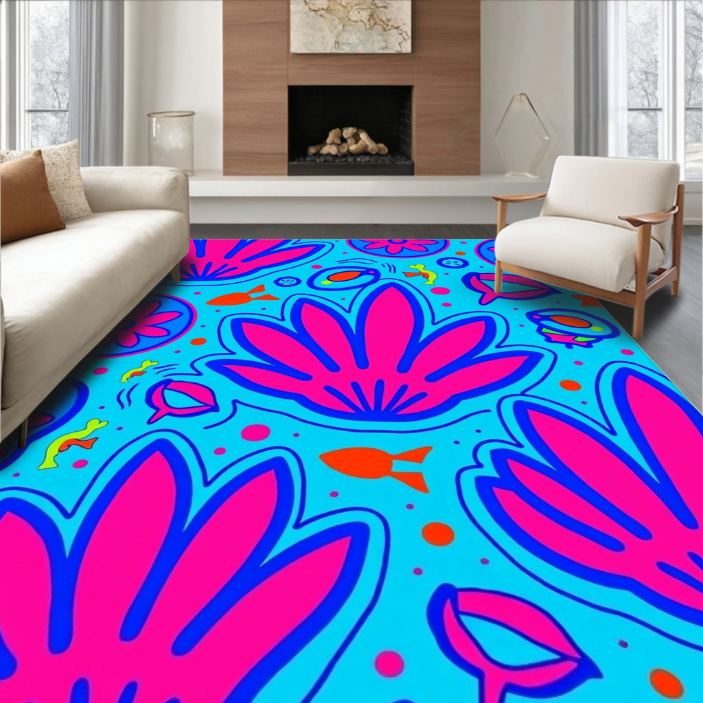 Vibrant Aqua Pink Floral Fish Medley Rug
