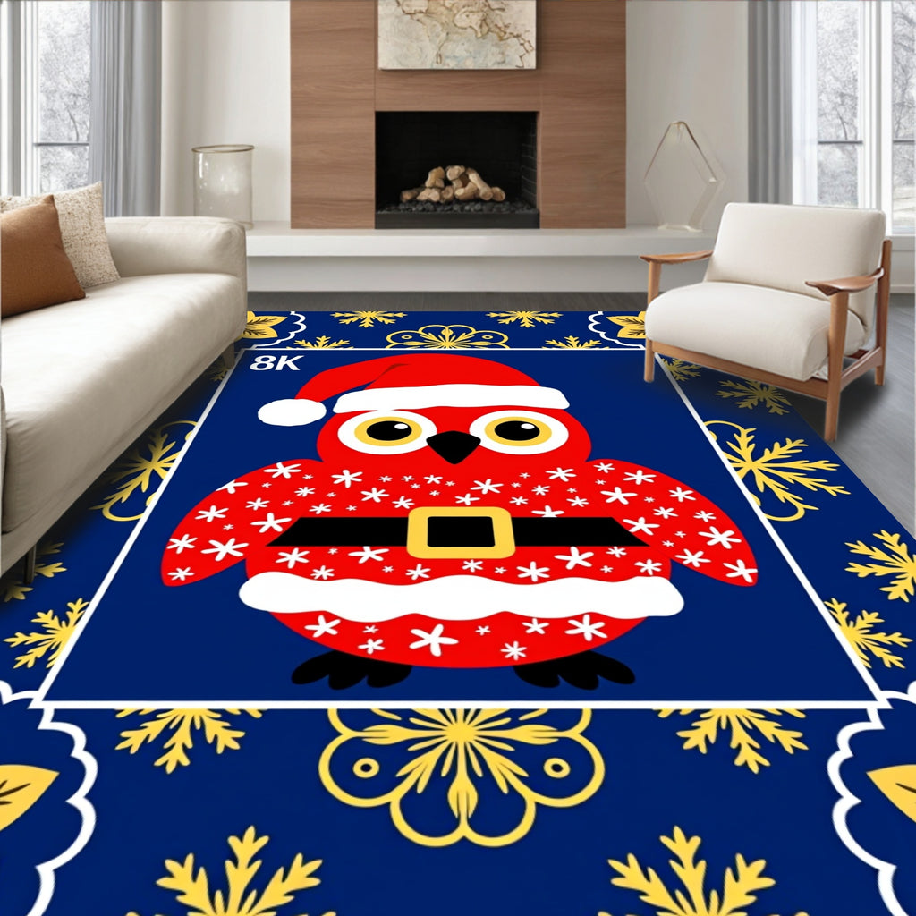 Red Santa Owl Blue Snowflake Border Rug