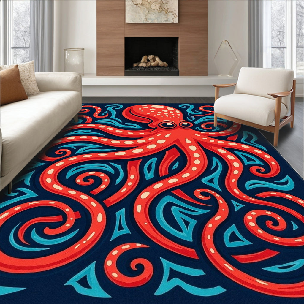 Bright Red Octopus Undersea Swirls Rug