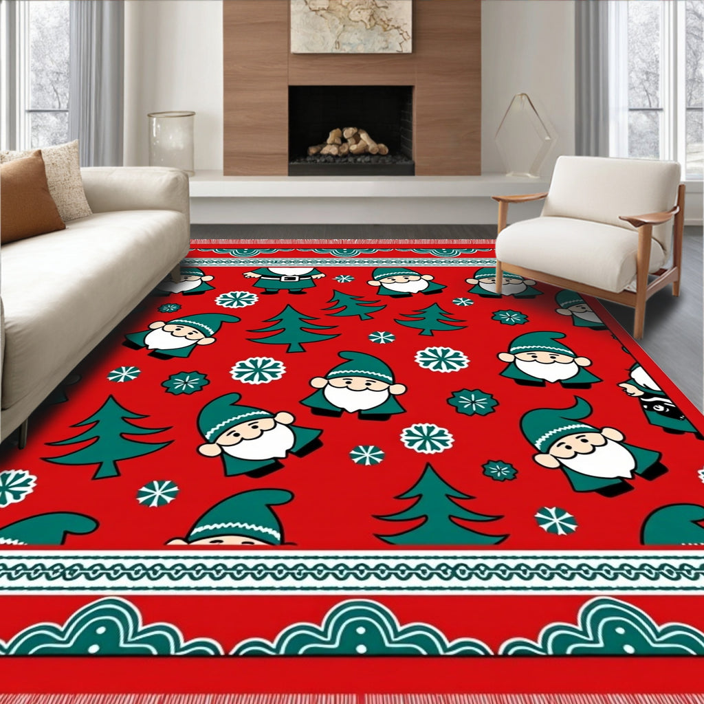 Festive Red Gnome and Tree Scene Rug