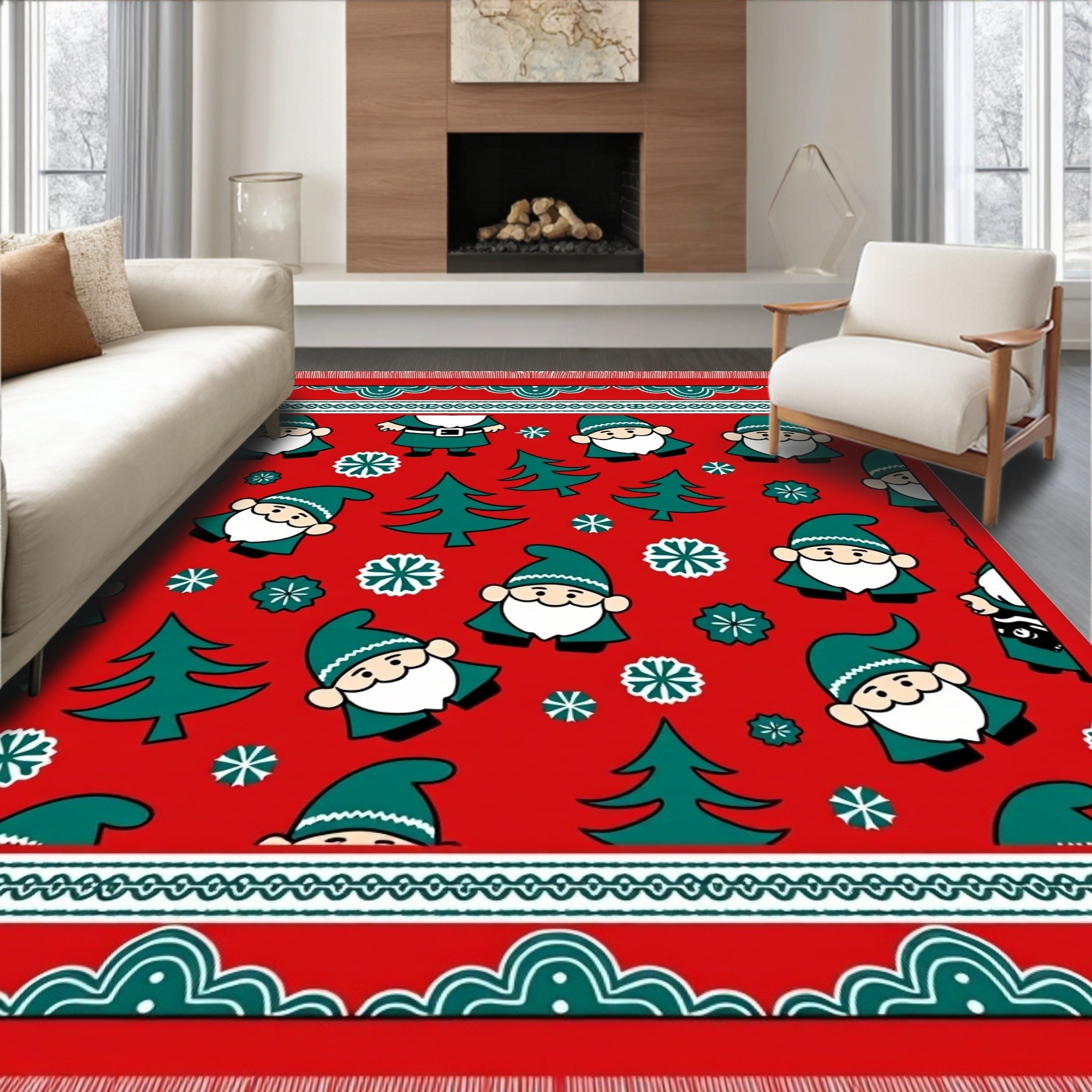 Festive Red Gnome and Tree Scene Rug