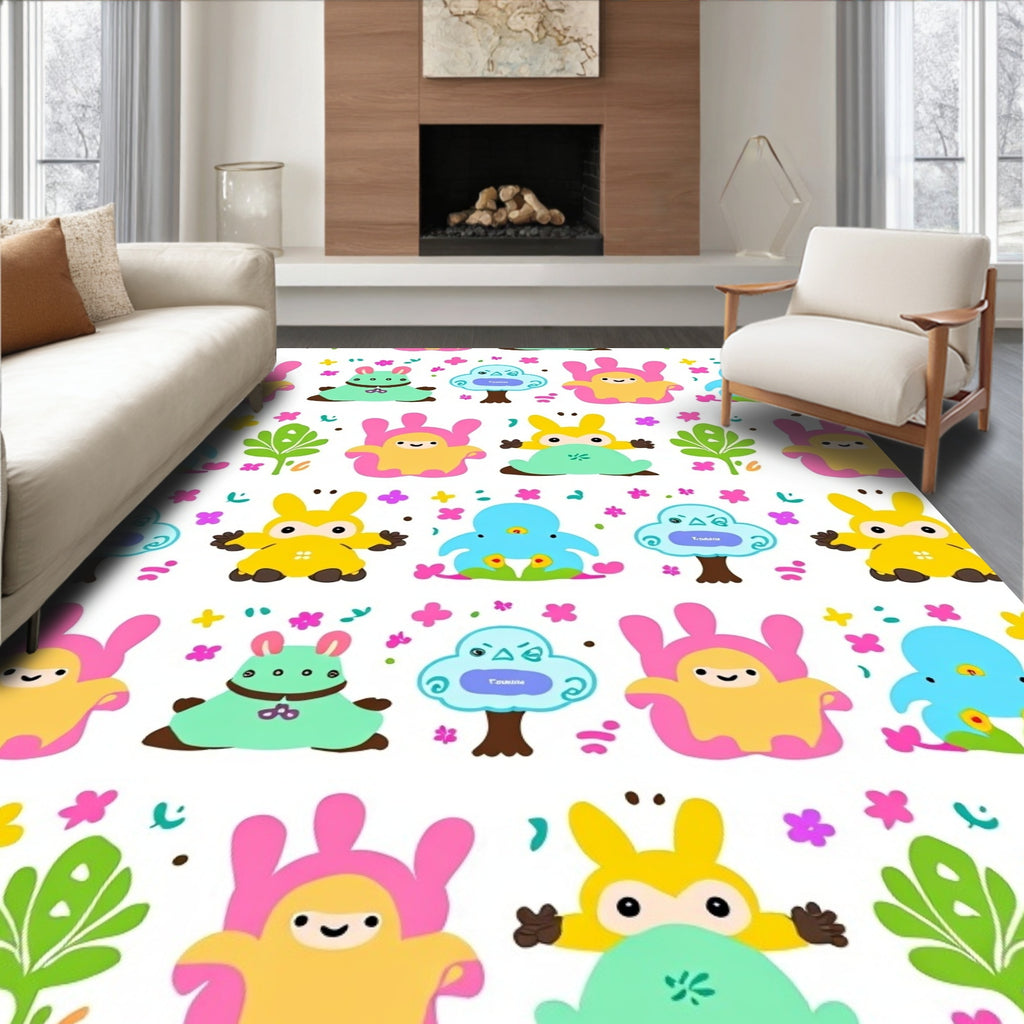 Whimsical Cartoon Creature Floral Field Rug
