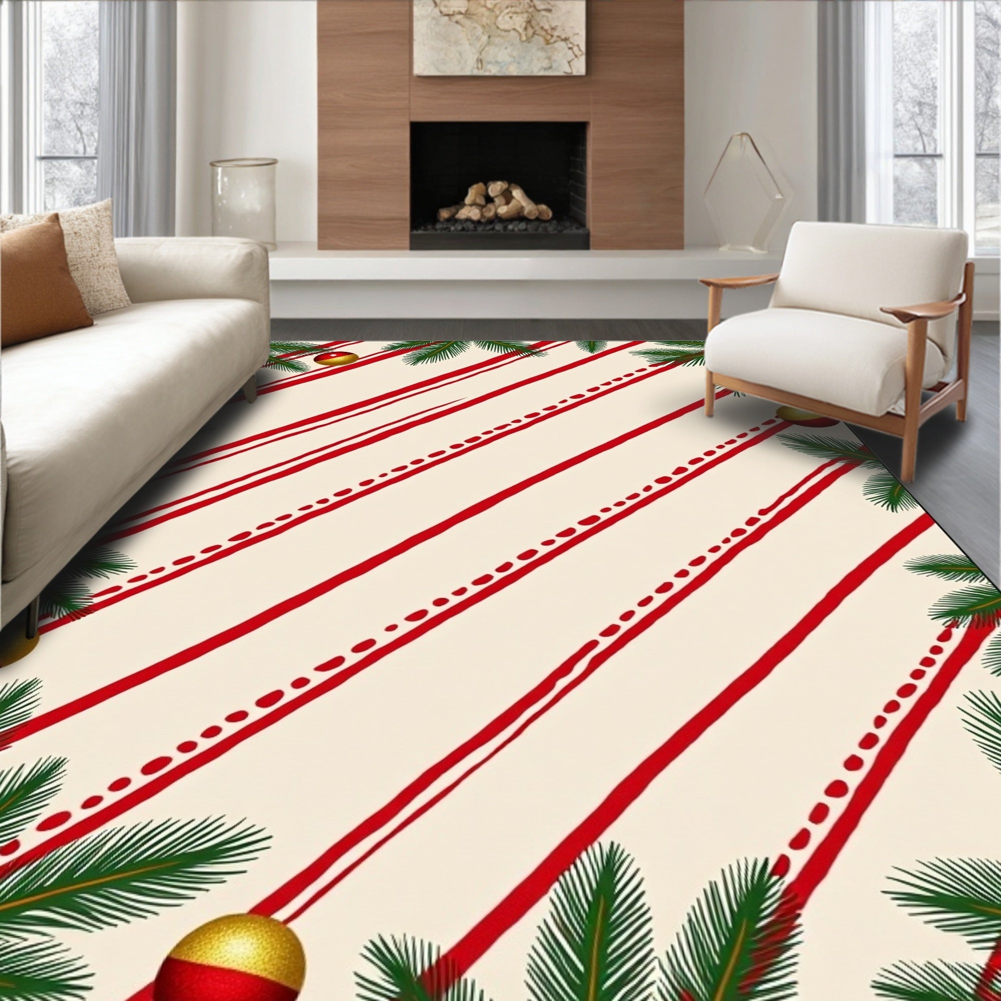 Warm Cream Red Candy Cane Corner Accents Rug