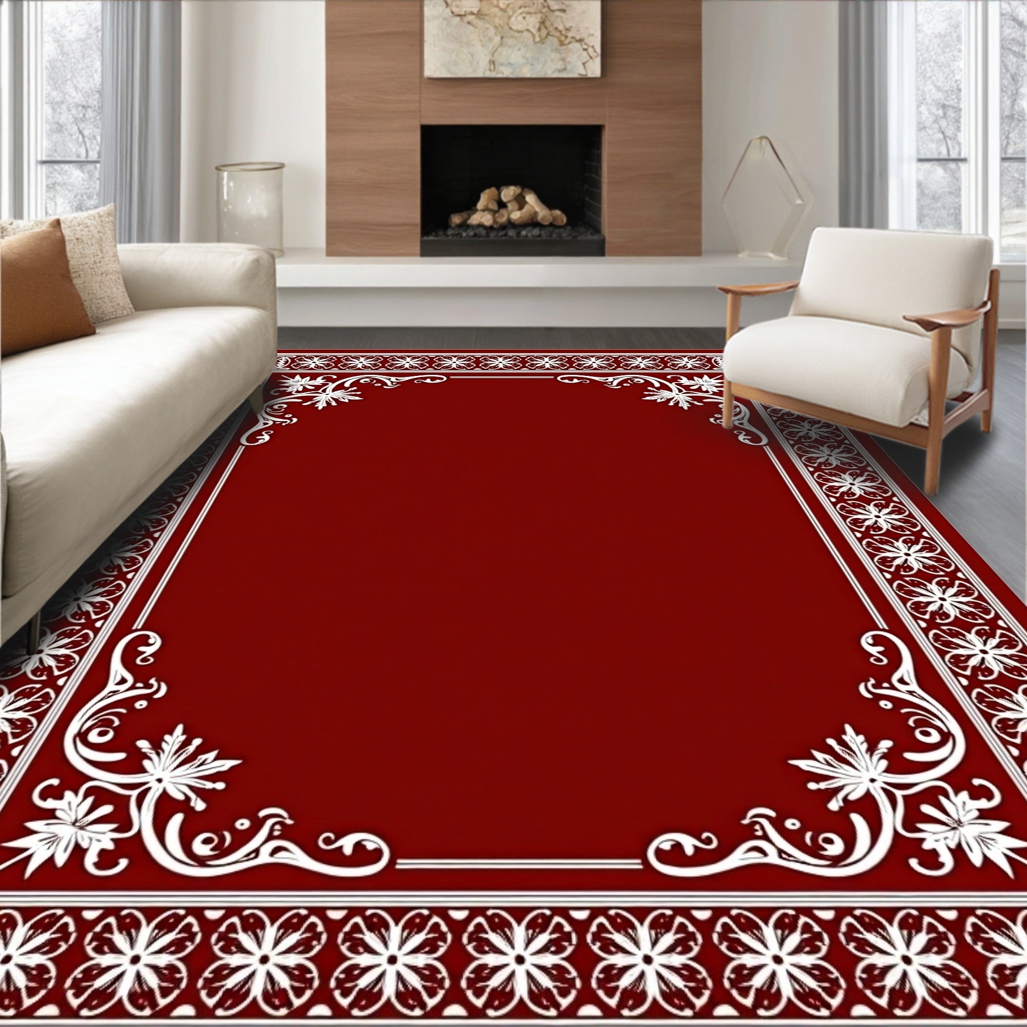 Deep Red Floral Border Statement Rug