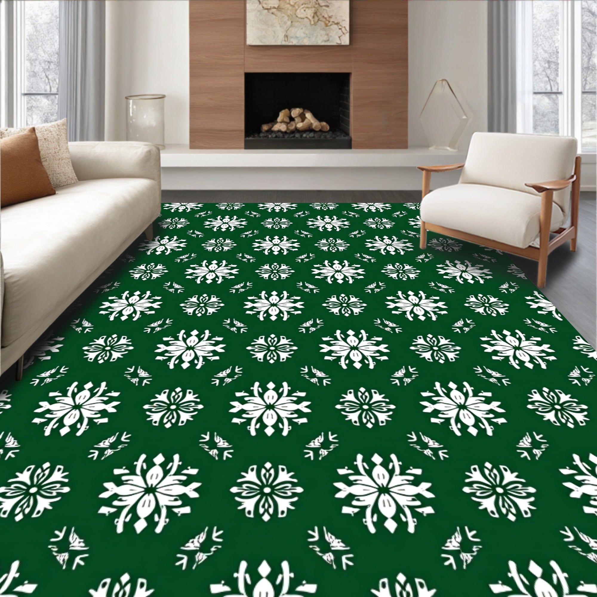Emerald White Floral Medallion Tile Rug