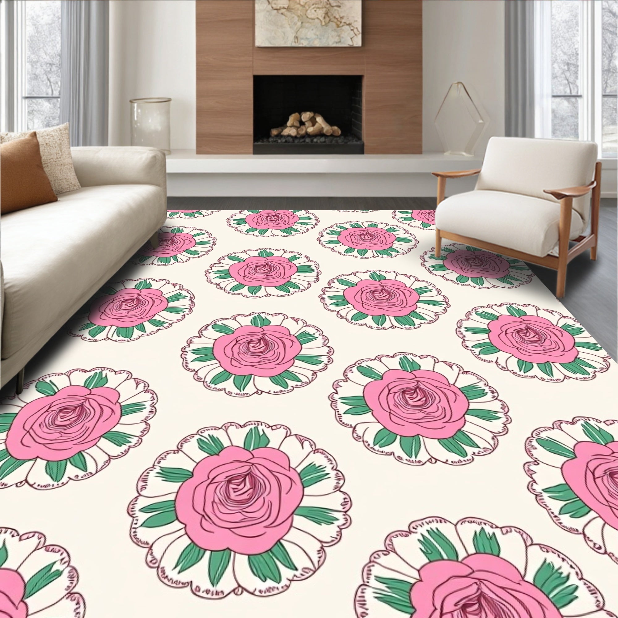 Pink Floral Medallion Cream Rug