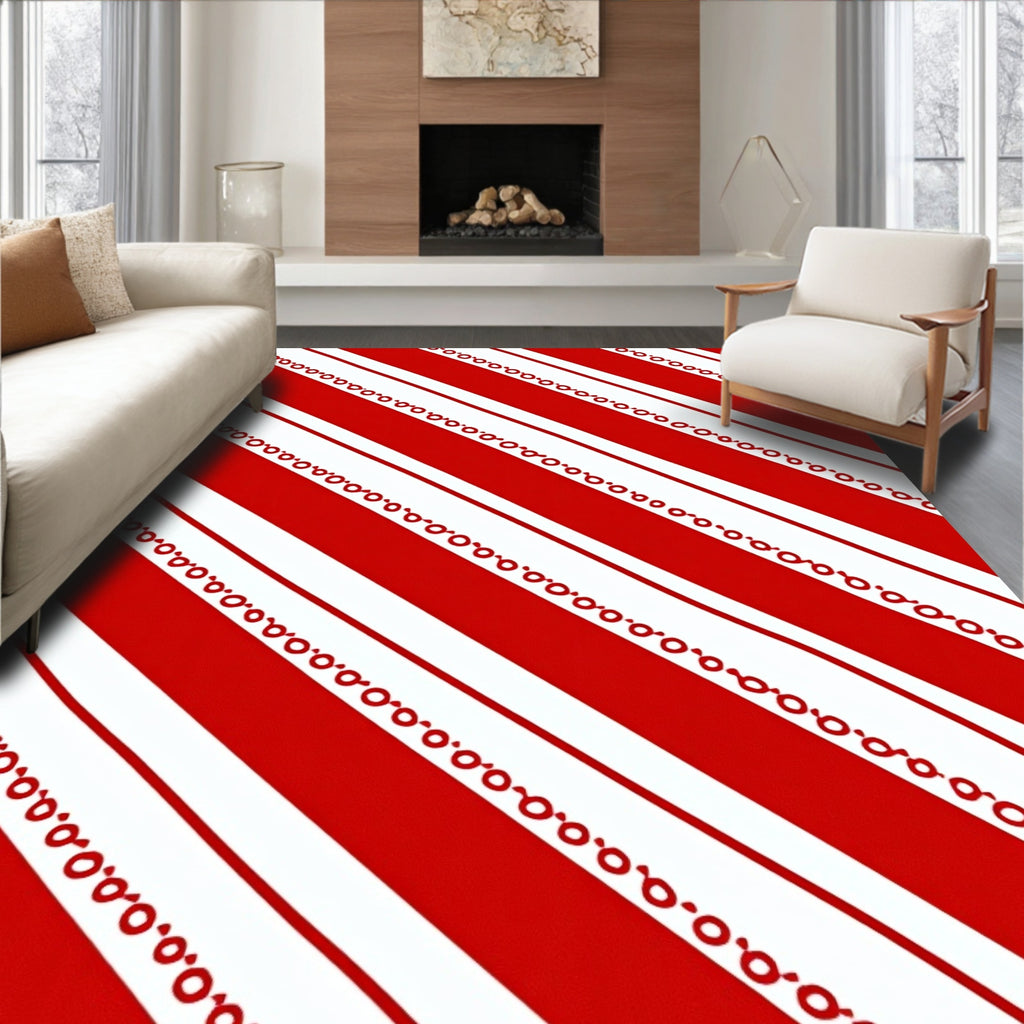 Bold Red White Diagonal Stripe Border Rug