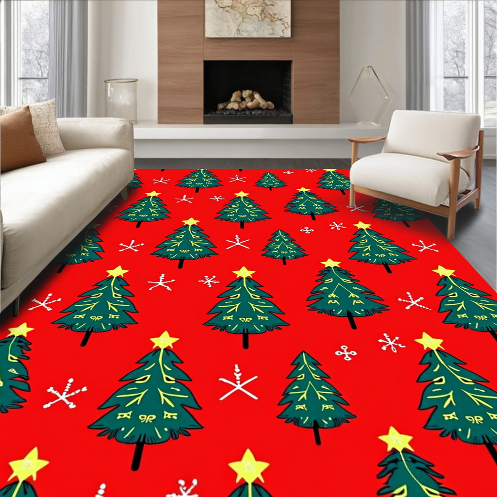 Festive Red Evergreen Star Snowflake Repeat Rug