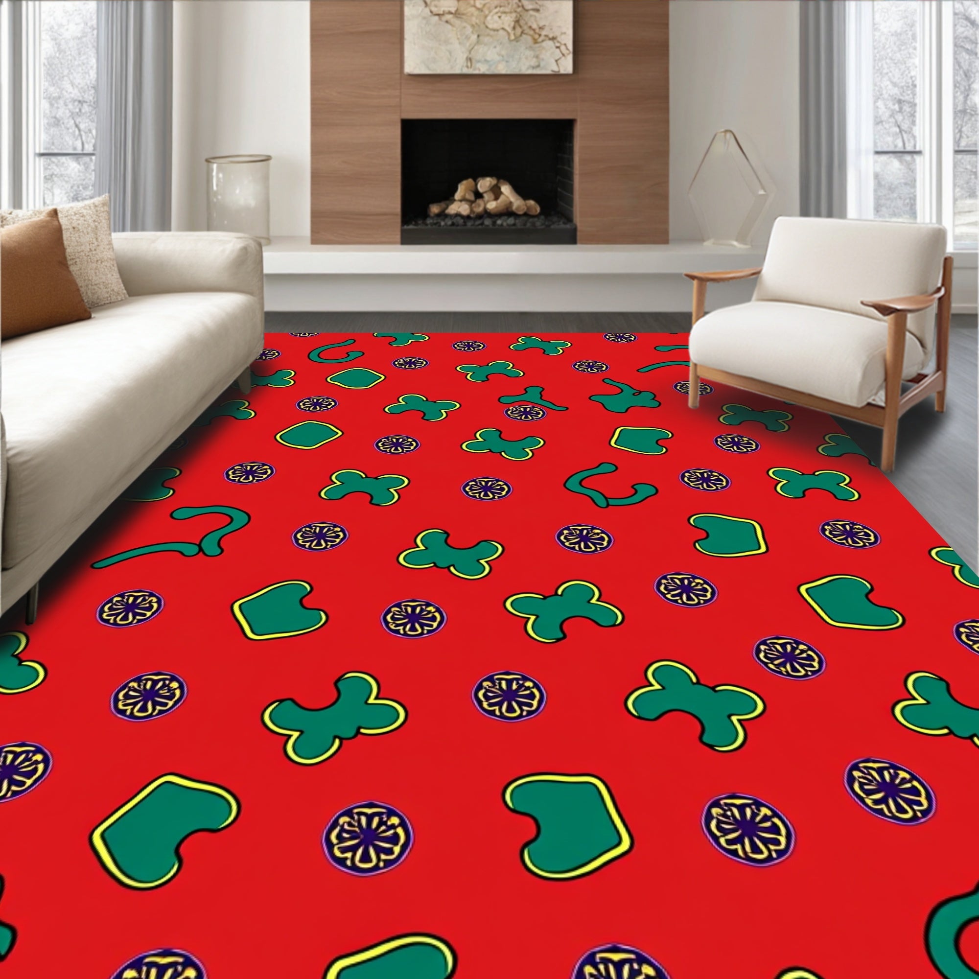 Red Green Abstract Shapes Medallion Rug