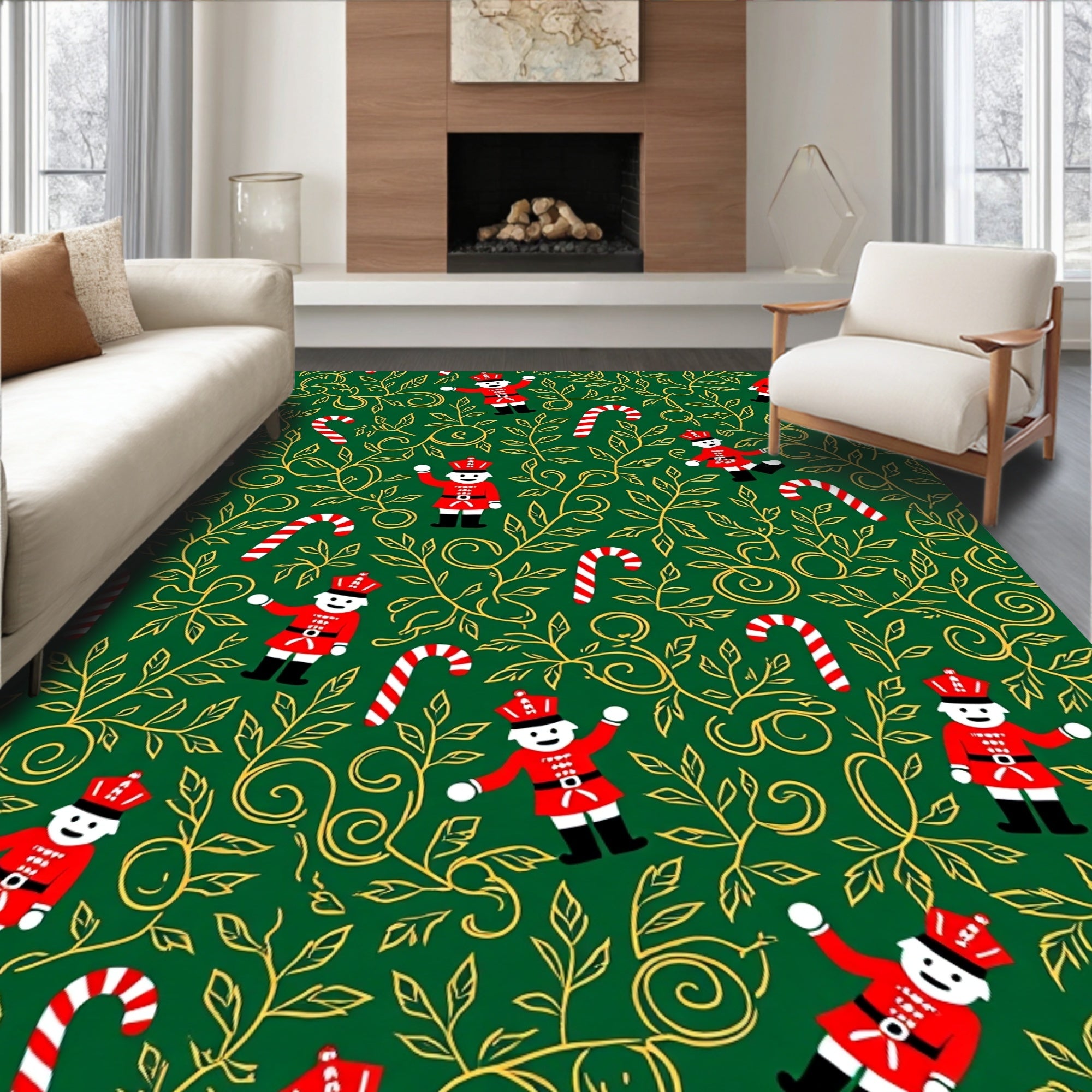 Festive Red Nutcracker Candy Cane Foliage Rug