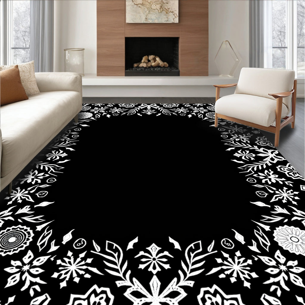 White Floral Snowflake Border Art Rug