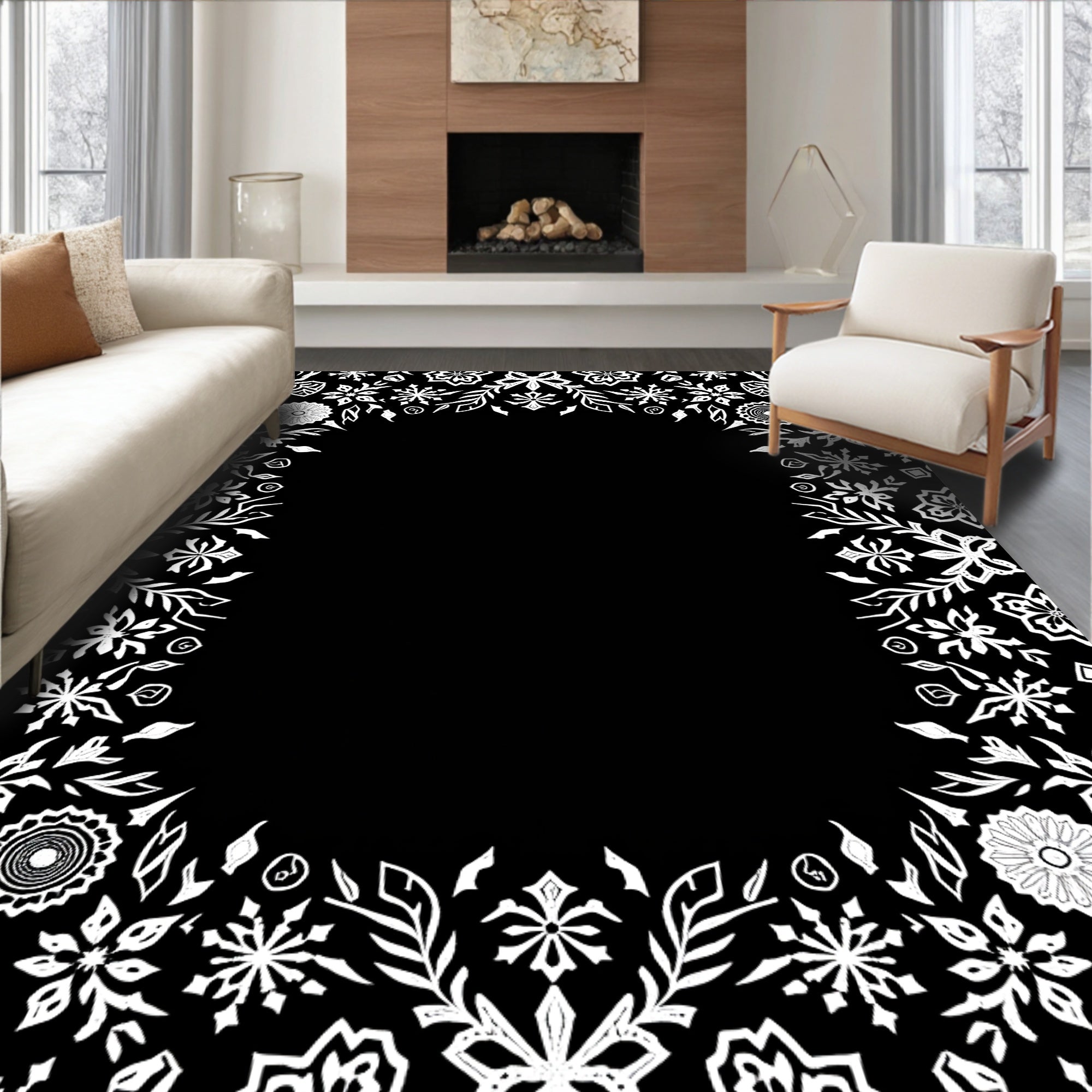 White Floral Snowflake Border Art Rug