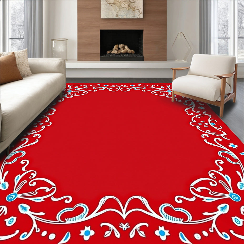Crimson White Blue Floral Swirl Frame Rug