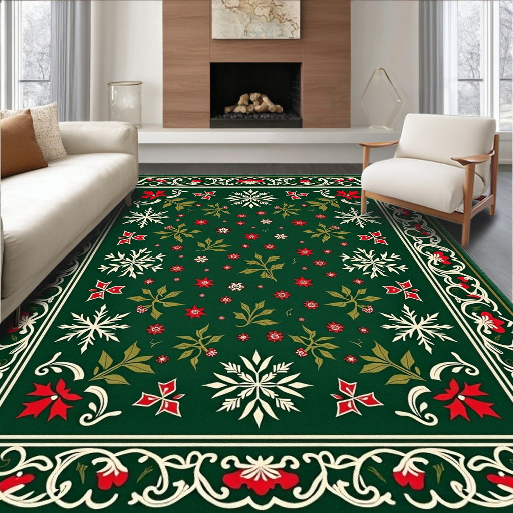 Festive Green Poinsettia Snowflakes Border Rug