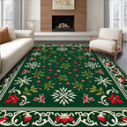 Festive Green Poinsettia Snowflakes Border Rug