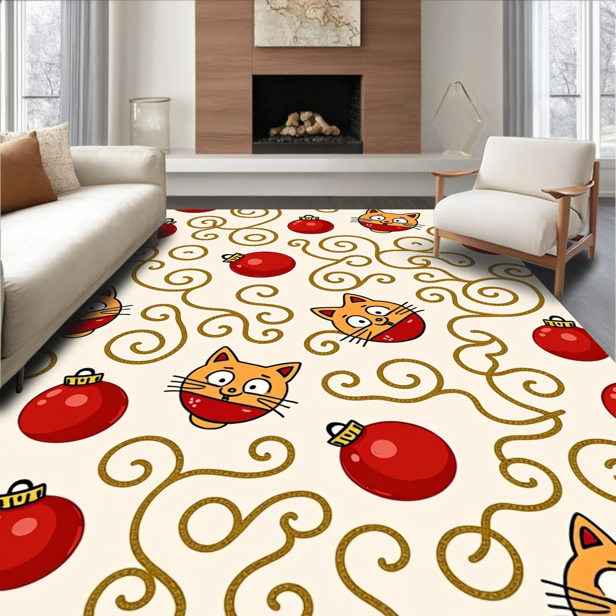 Christmas Cat Ornaments Swirls Rug