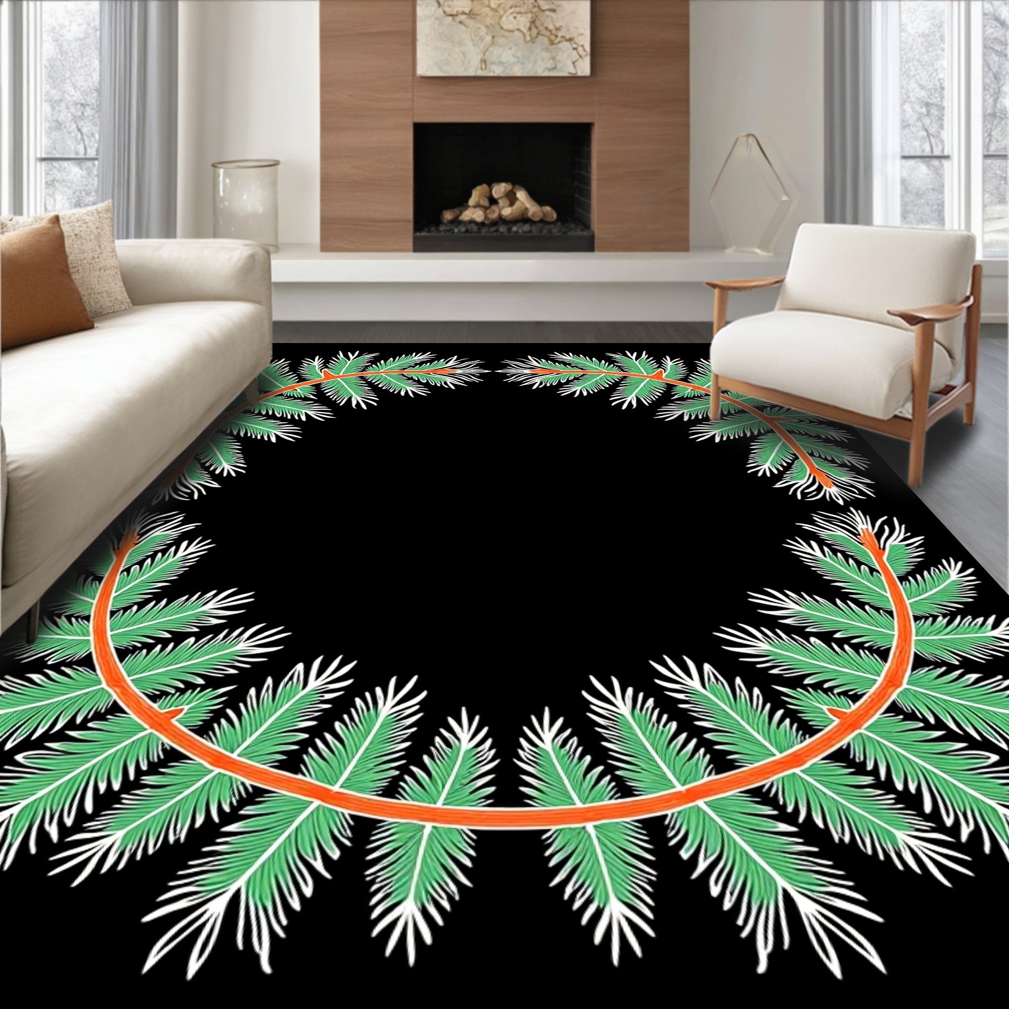 Orange Coral Green Palm Wreath Rug