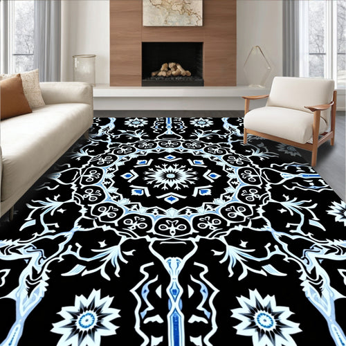 Black White Blue Mandala Floral Rug