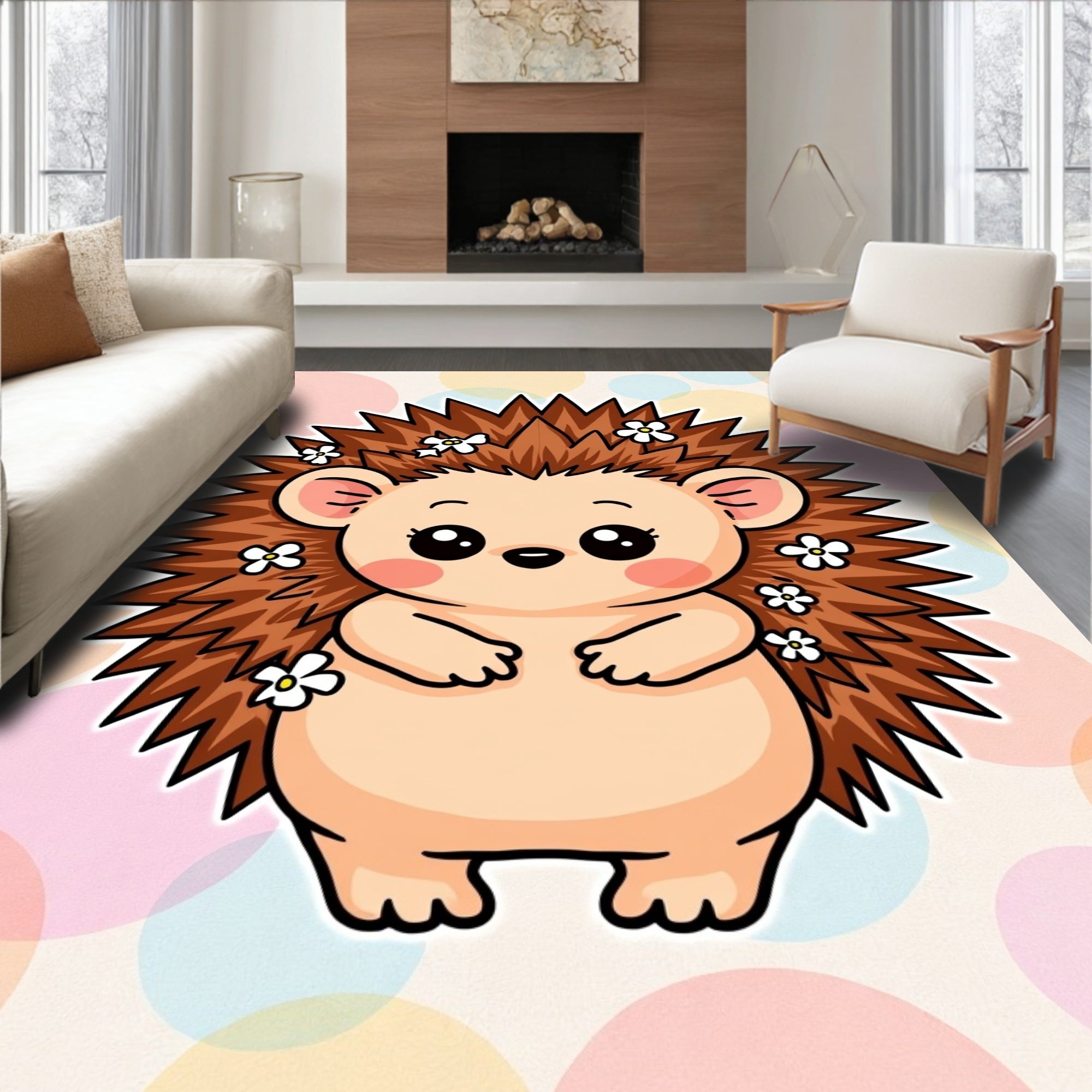 Cute Hedgehog With Flowers Background Rug