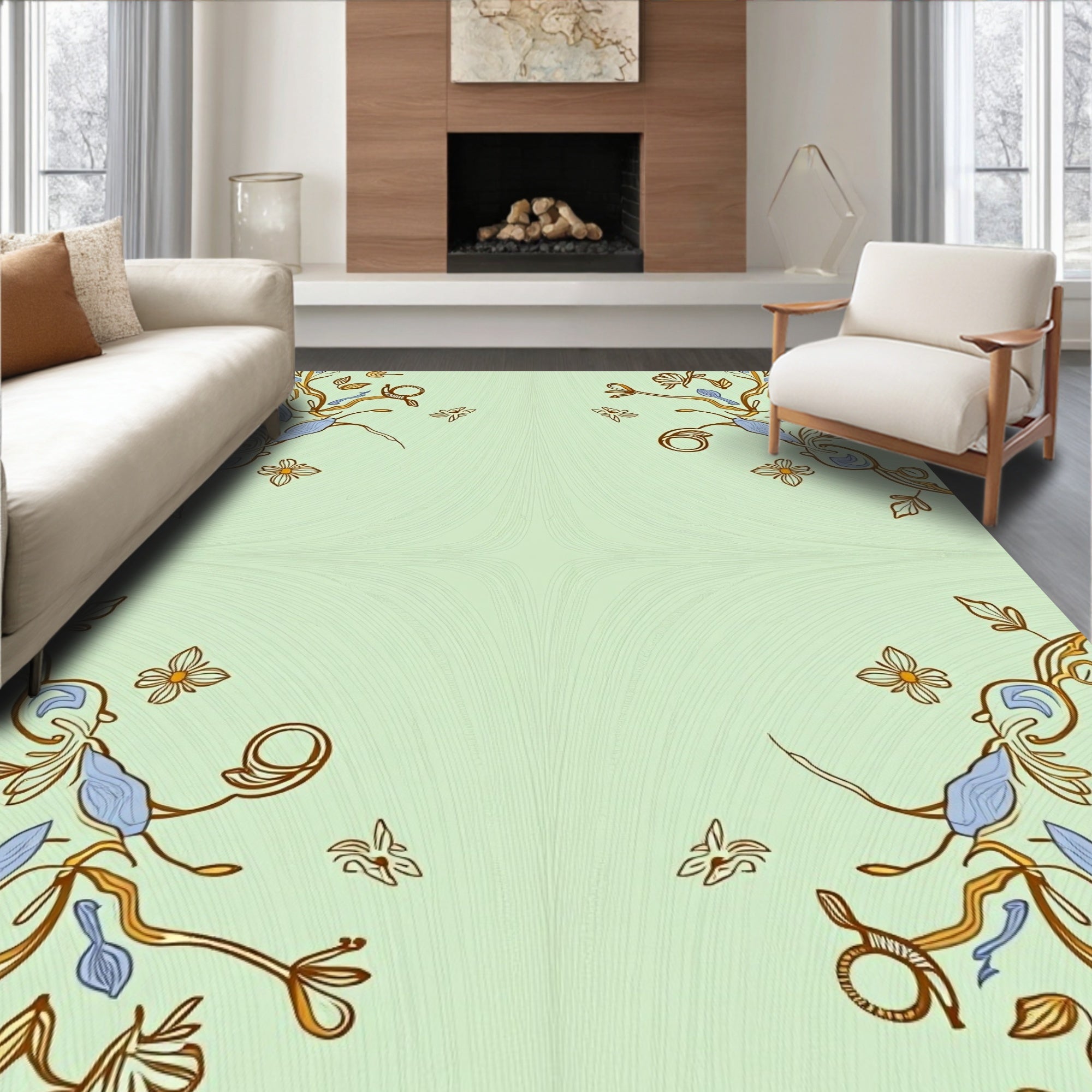 Delicate Golden Blue Floral Vines Rug