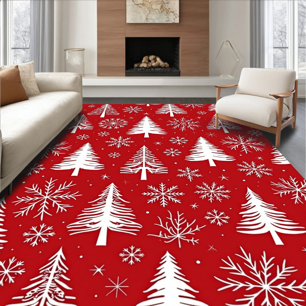 Red White Christmas Tree Snowflake Repeat Rug