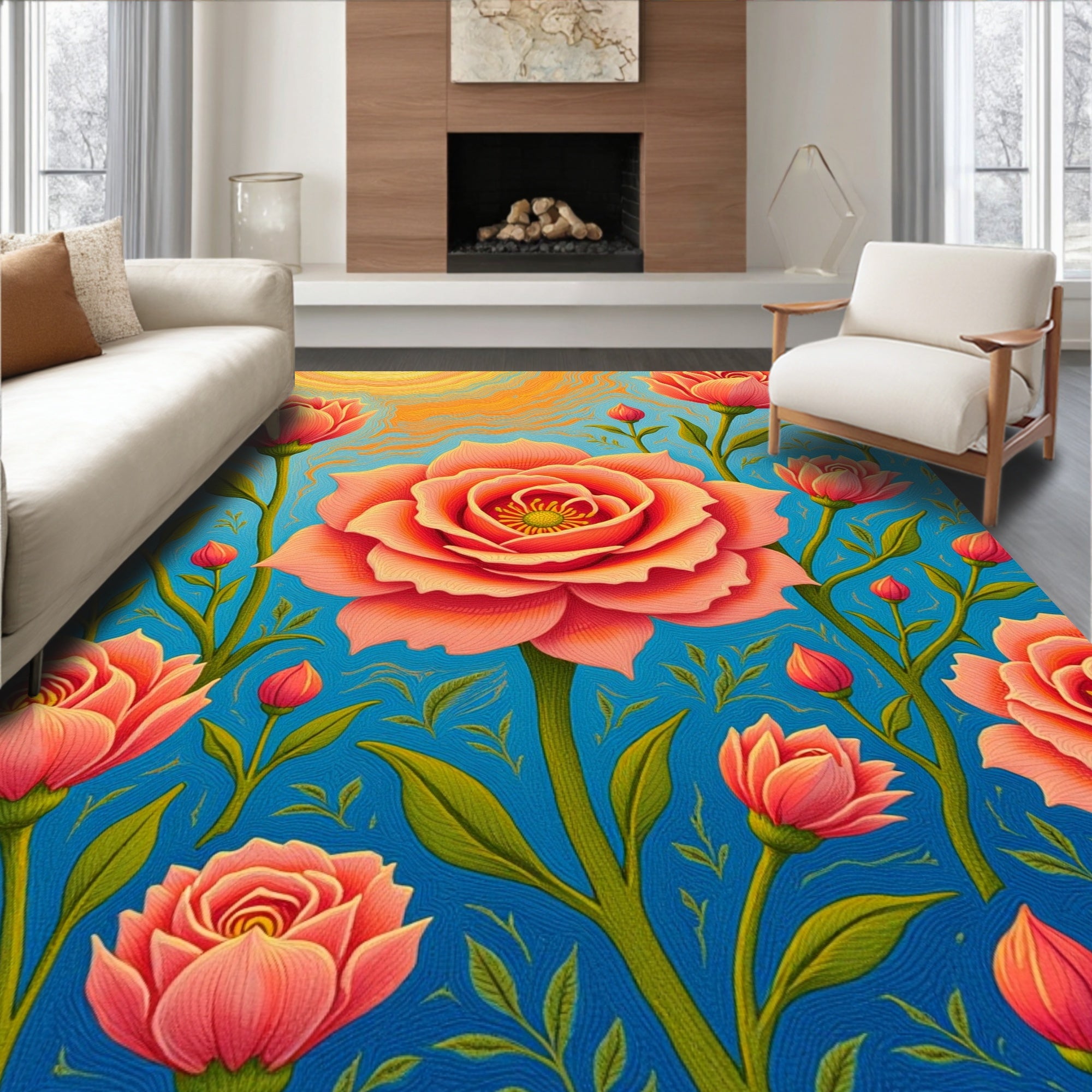 Coral Pink Roses Blue Daybreak Rug