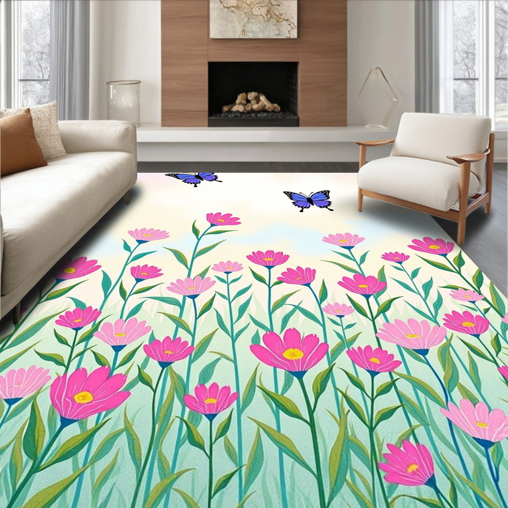 Whimsical Pink Floral Meadow Butterfly Rug