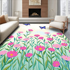 Whimsical Pink Floral Meadow Butterfly Rug