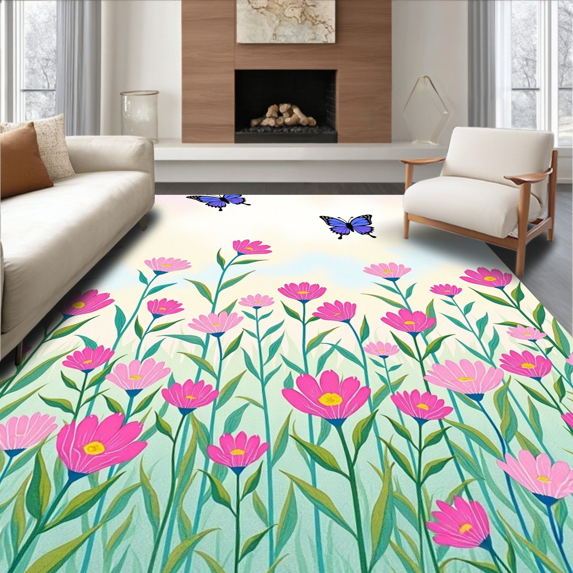 Whimsical Pink Floral Meadow Butterfly Rug