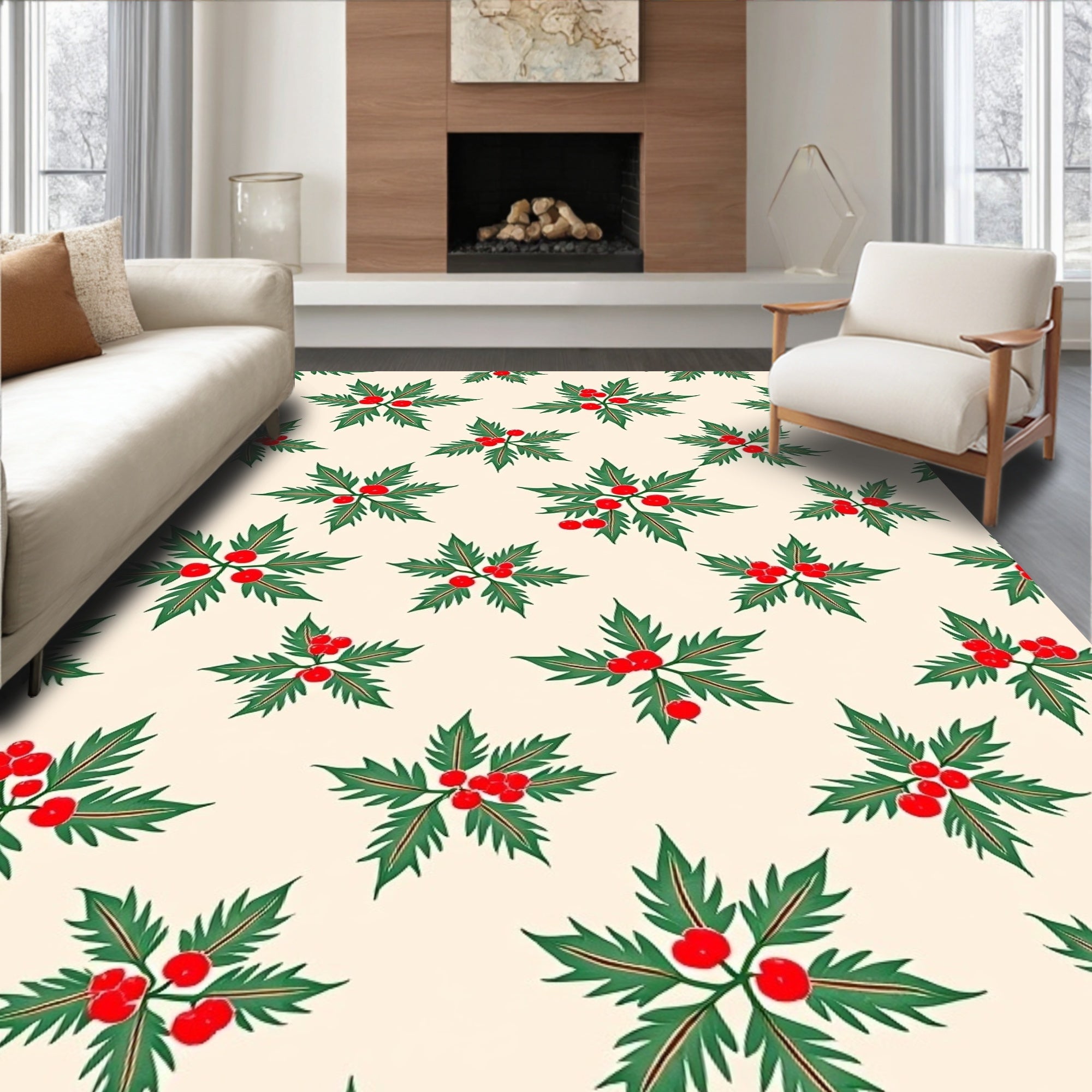 Festive Green Holly Berry Sprays Rug