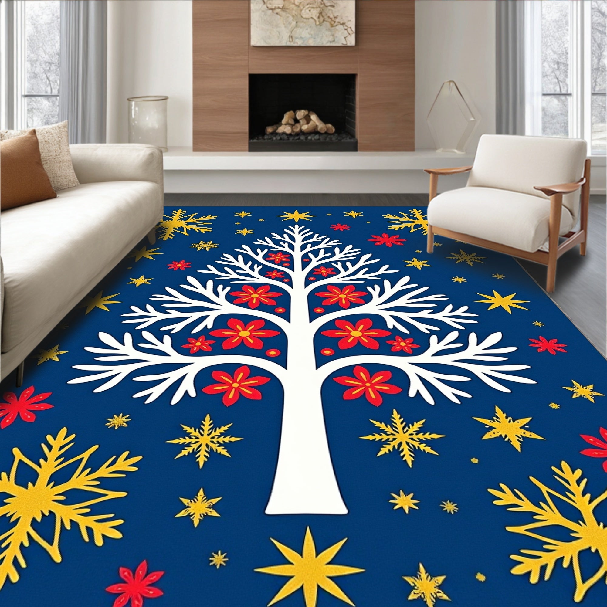 Whimsical White Tree Red Flowers Stars Rug