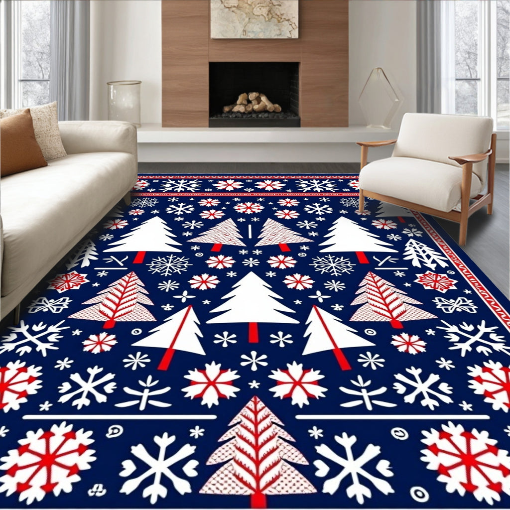 Red White Blue Christmas Trees Snowflakes Rug