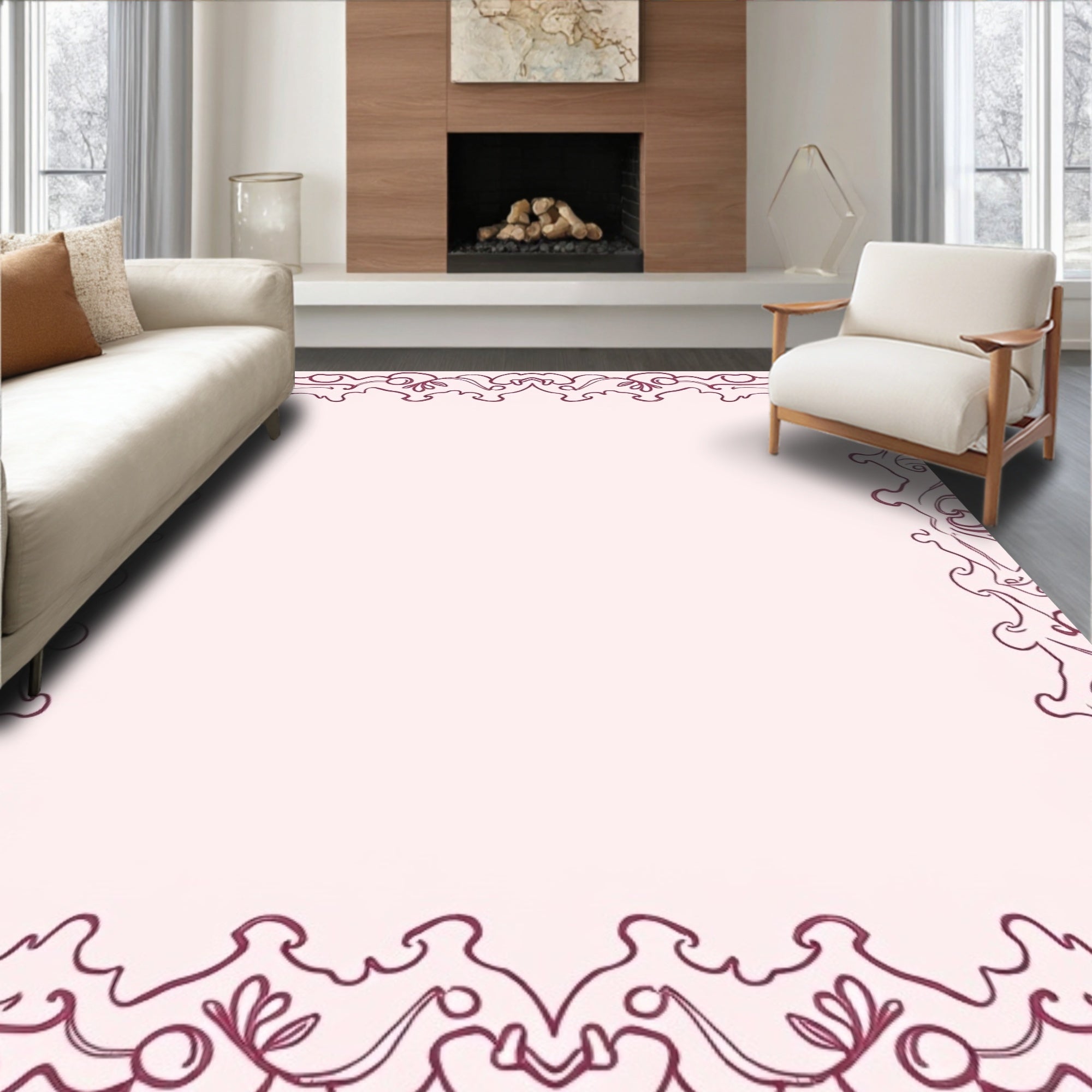 Ornate Burgundy Scrollwork Frame Rug