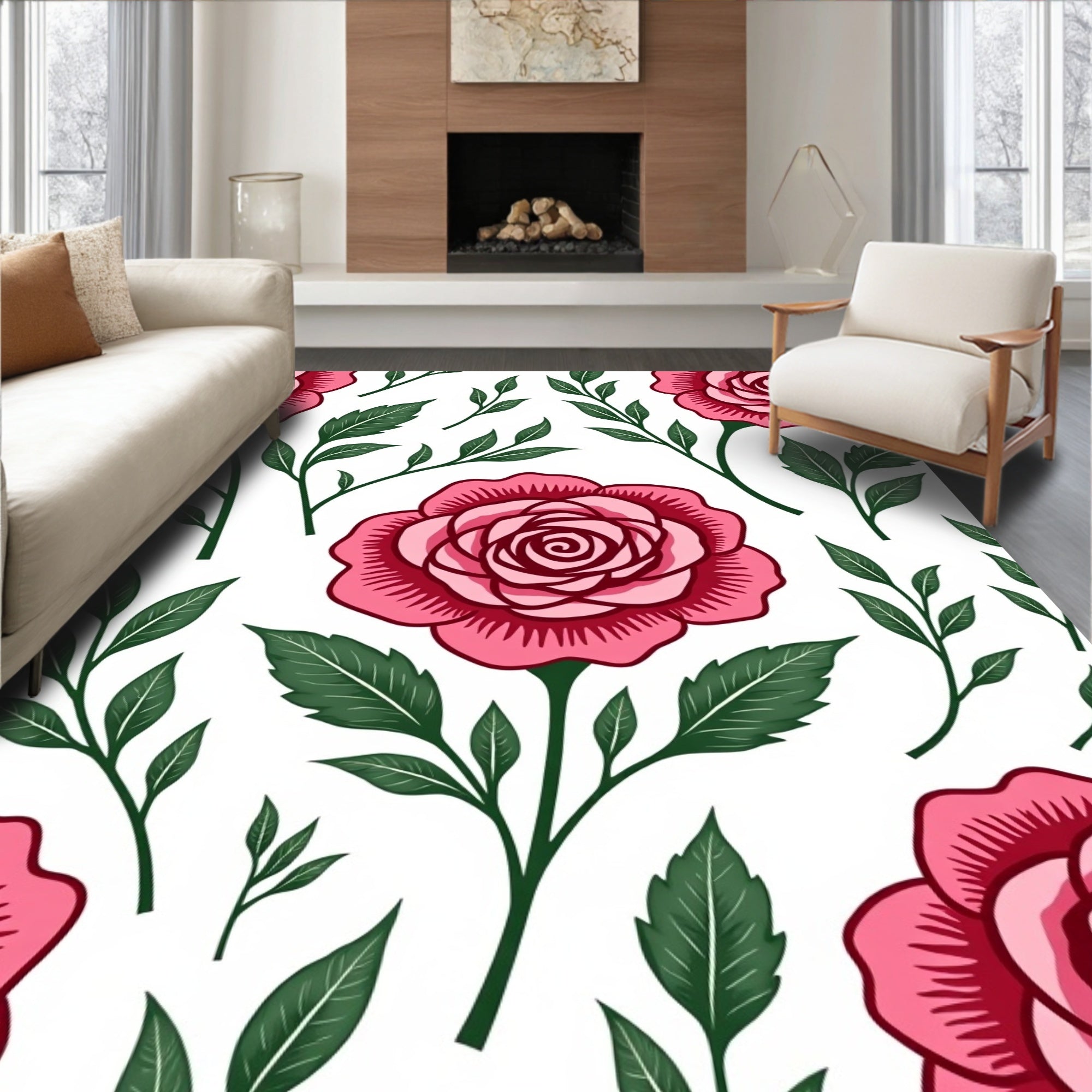 Whimsical Pink Roses Botanical Garden Rug