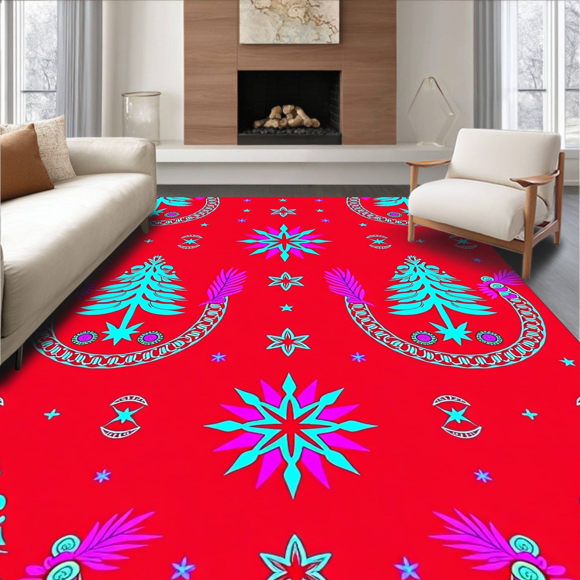 Bright Red Teal Starburst Tree Garland Rug